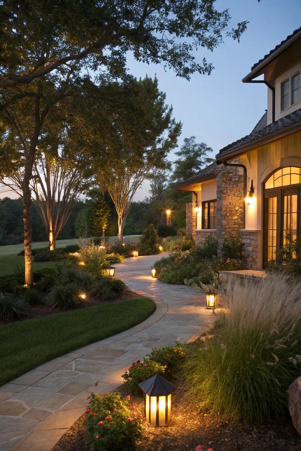 Exterior illumination intensifies the courtyard's nocturnal atmosphere.