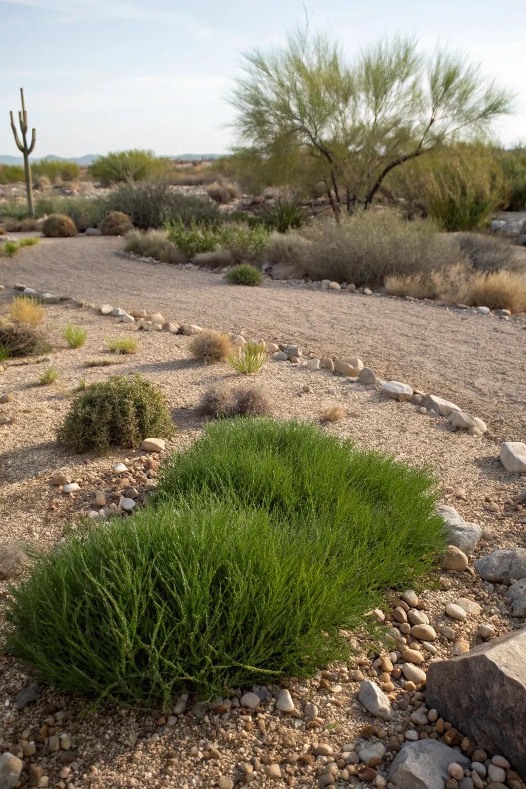 A hint of grass can soften the hard surfaces of a desert yard.