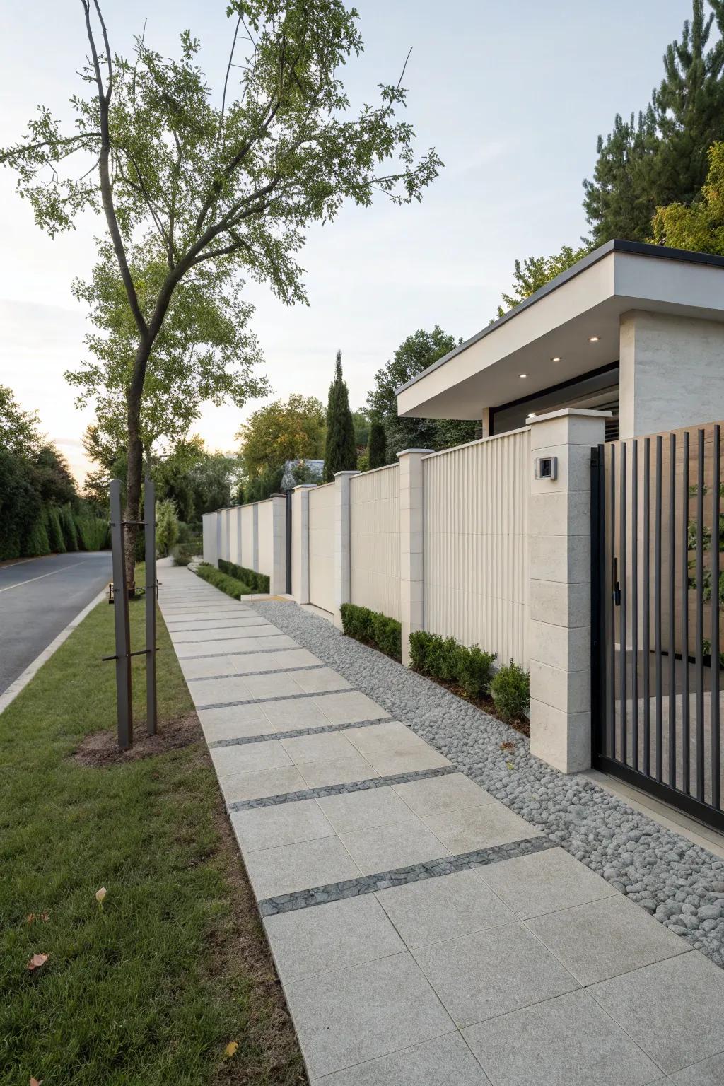A minimalist fence with neutral tones lends a sleek, modern aesthetic to the driveway.