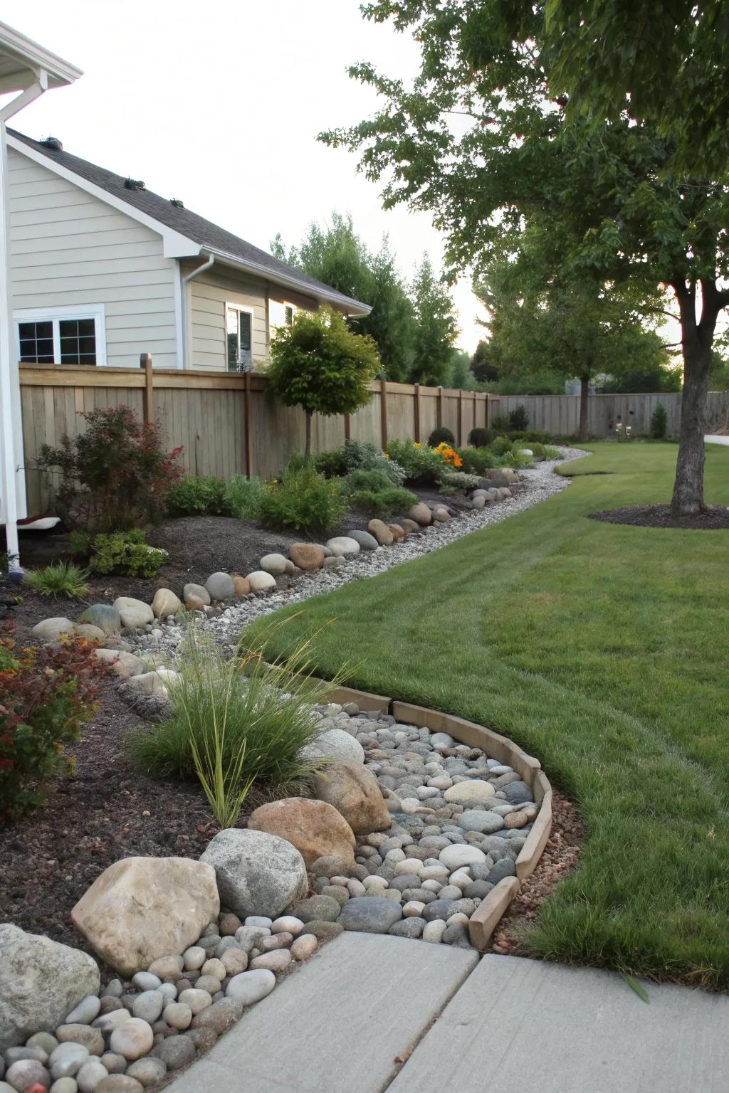 Clear borders in a front yard crafted with stones along routes and garden beds.