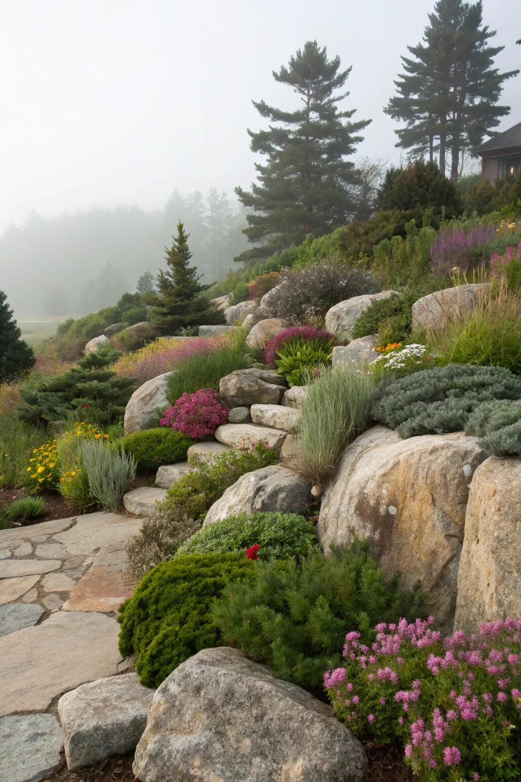 Different plant heights enhance the look surrounding stones.