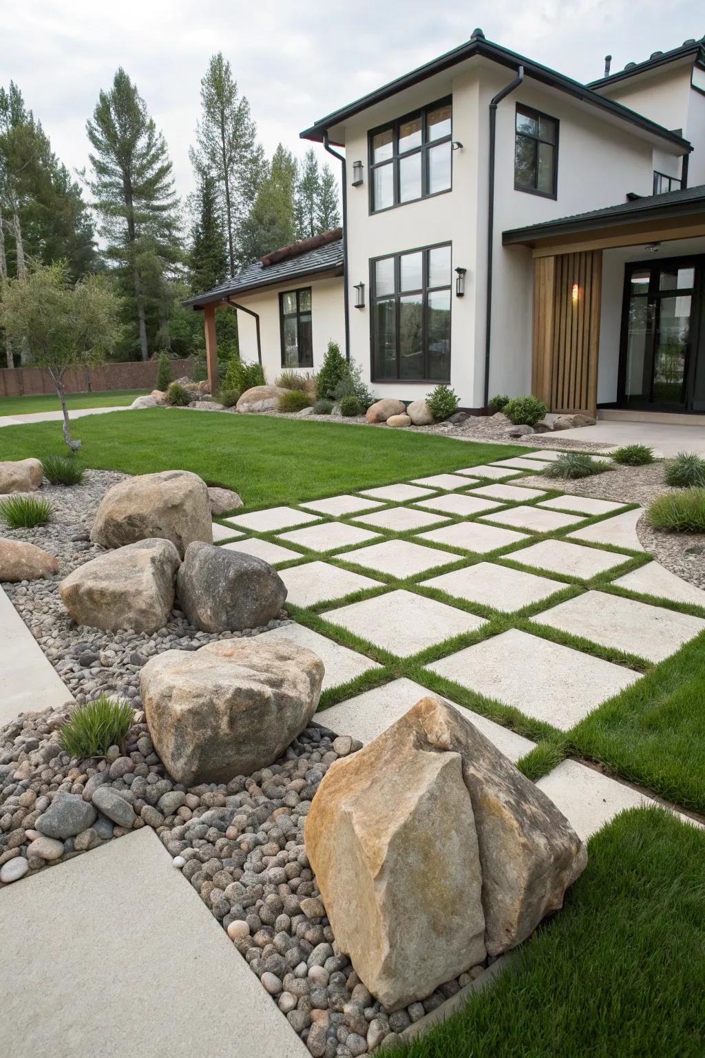 Realize a modern visage through geometric alignments of massive stones.