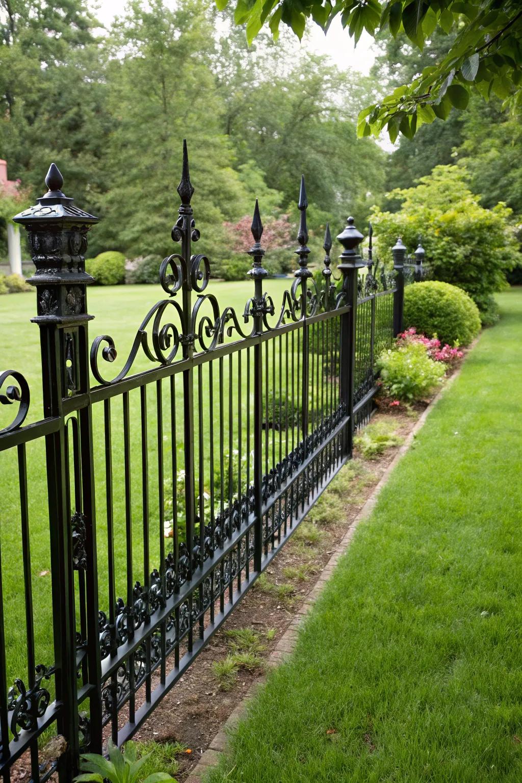 A striking dark decorative metal fence providing a dramatic contrast in a lush yard.