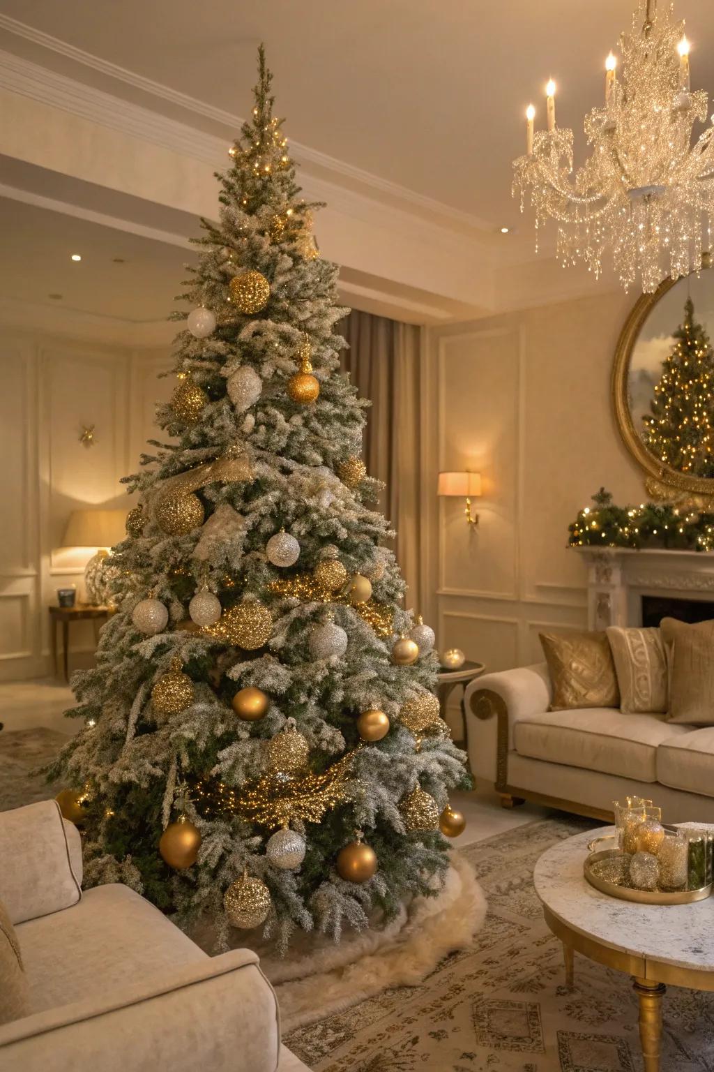Gold and glimmer contribute a glamorous flair to this snow-kissed Christmas tree.