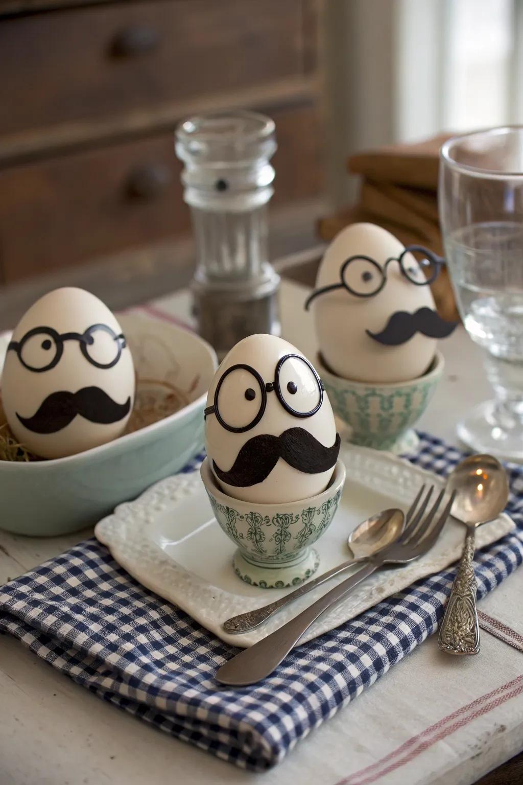 Eggs exhibiting a humorous nuance owing to whimsical facial traits.