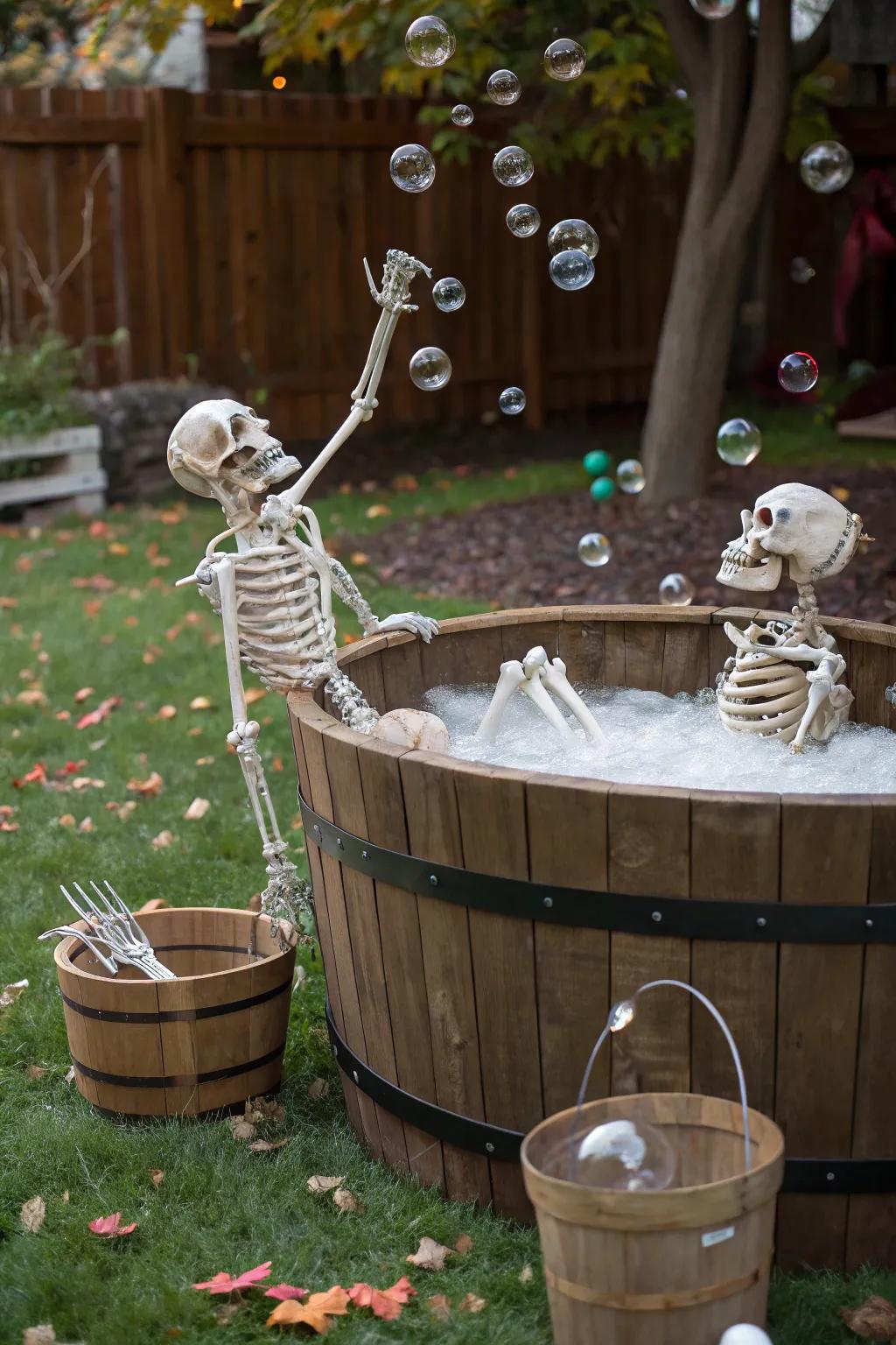 Skeletons having a frothy tub libation in the yard.