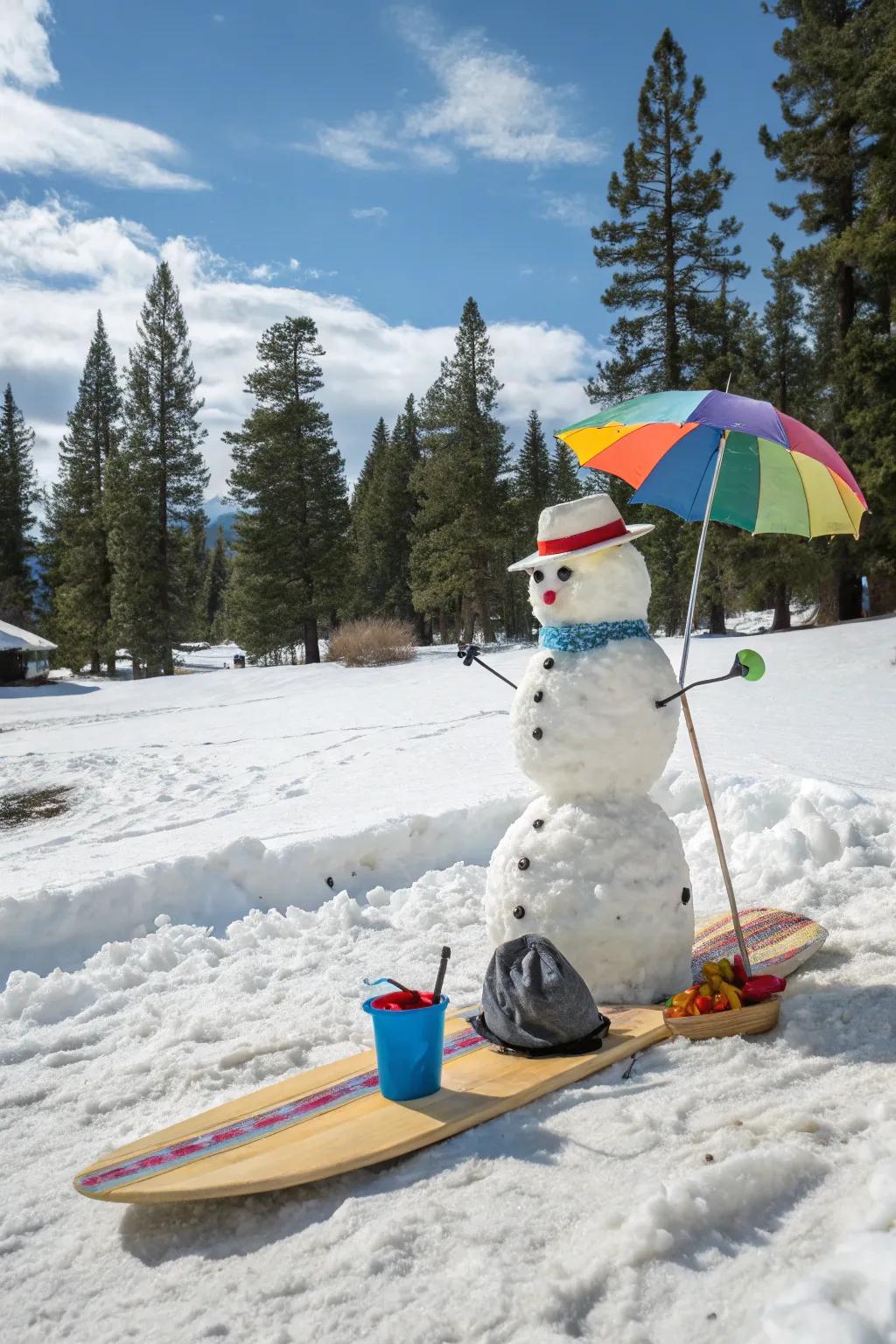 A snow figure geared up to catch some waves in the snow.