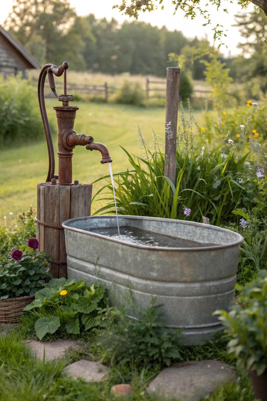 A vintage manual device adds nostalgic charm to a container fountain.