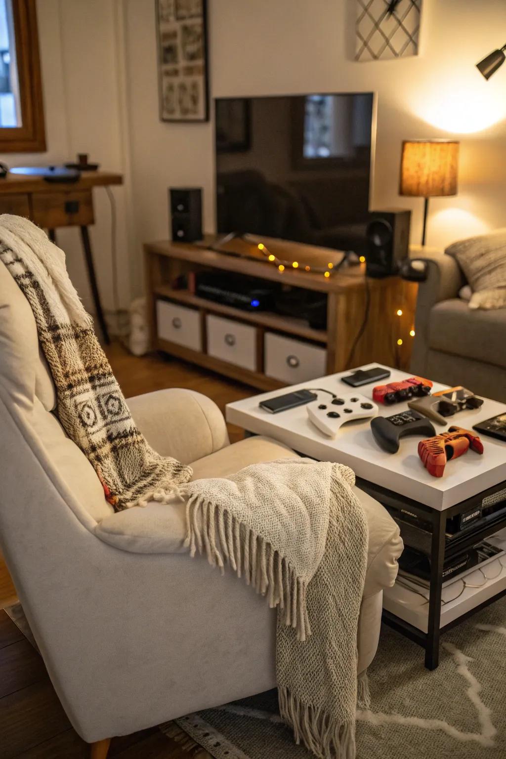 Cushions and wraps bring a cozy vibe to your gaming room.