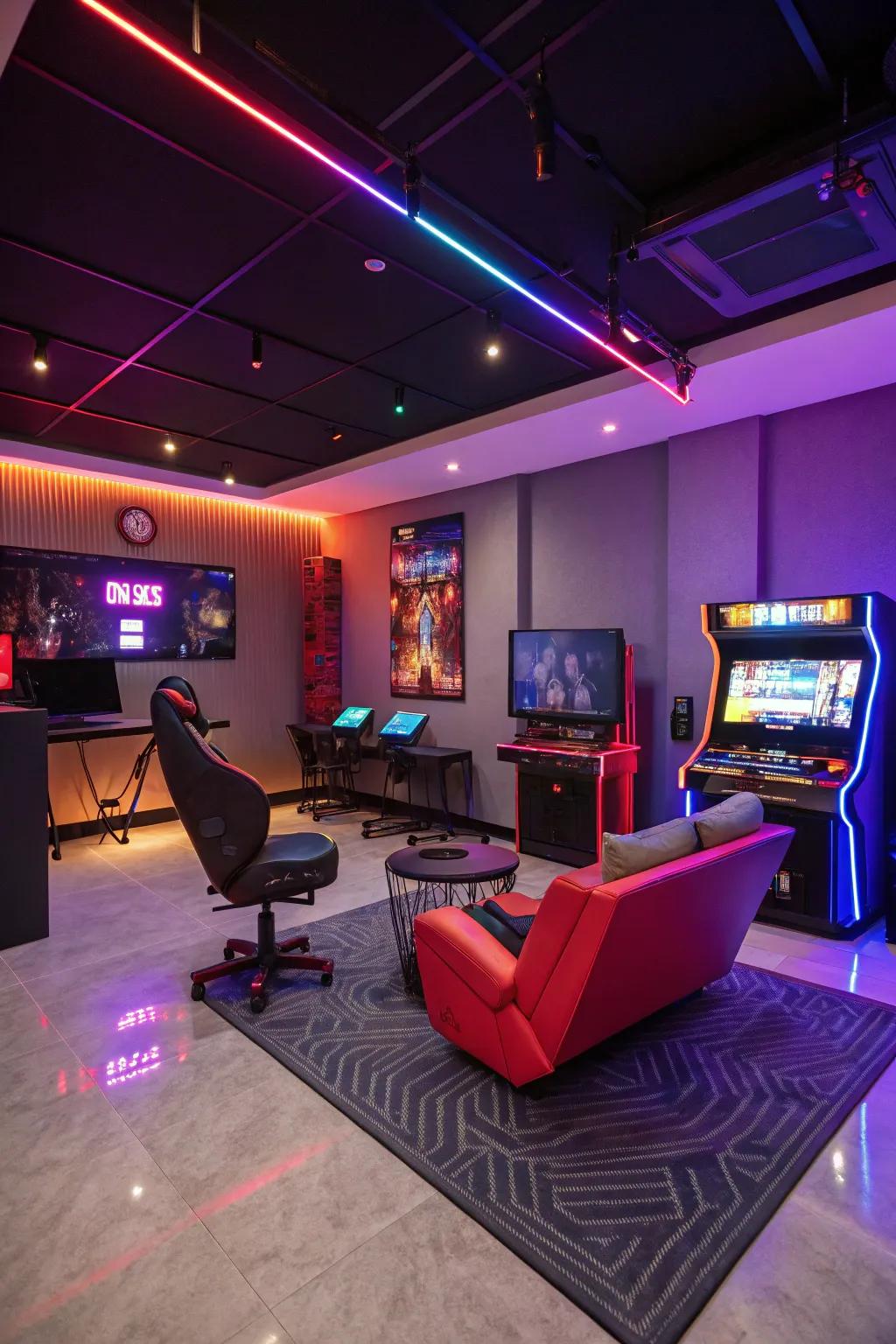 Neon lighting gives off a futuristic vibe in your gaming area.