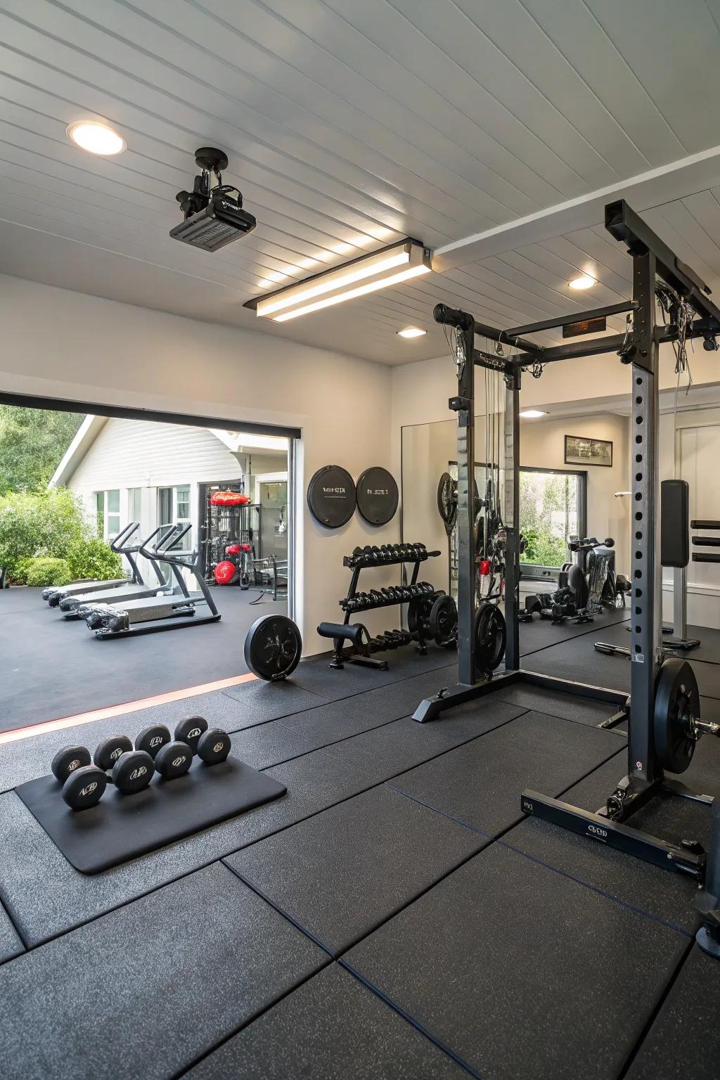 A fully-equipped gym installed in a garage.