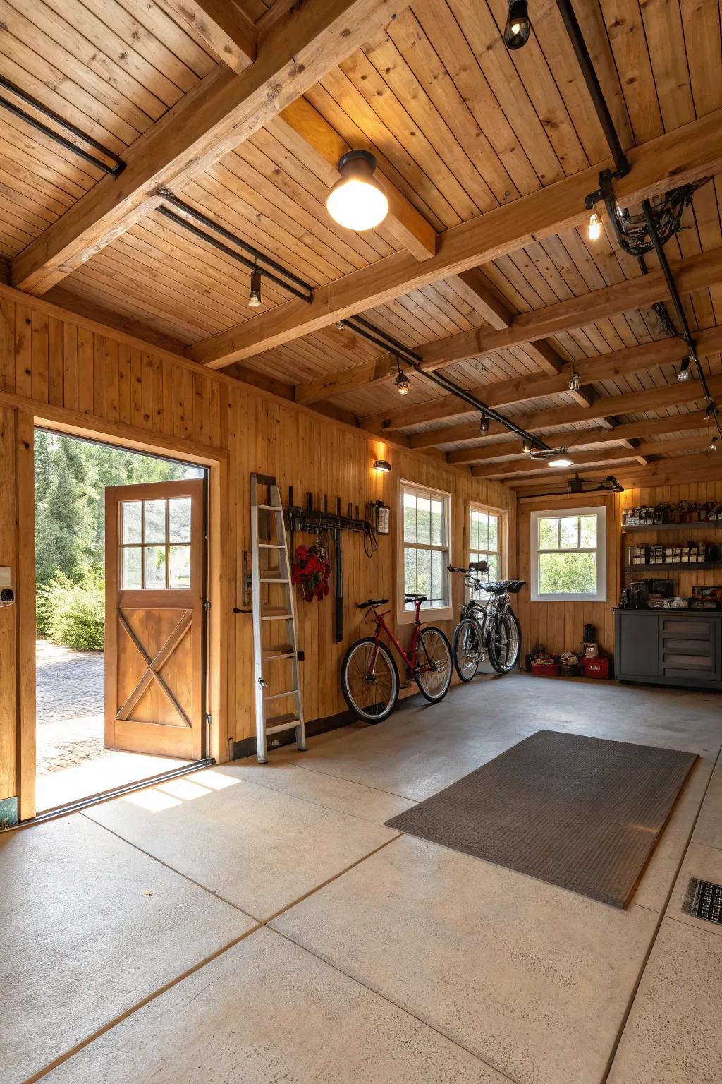 Wooden boards introduce a natural elegance to your garage ceiling.