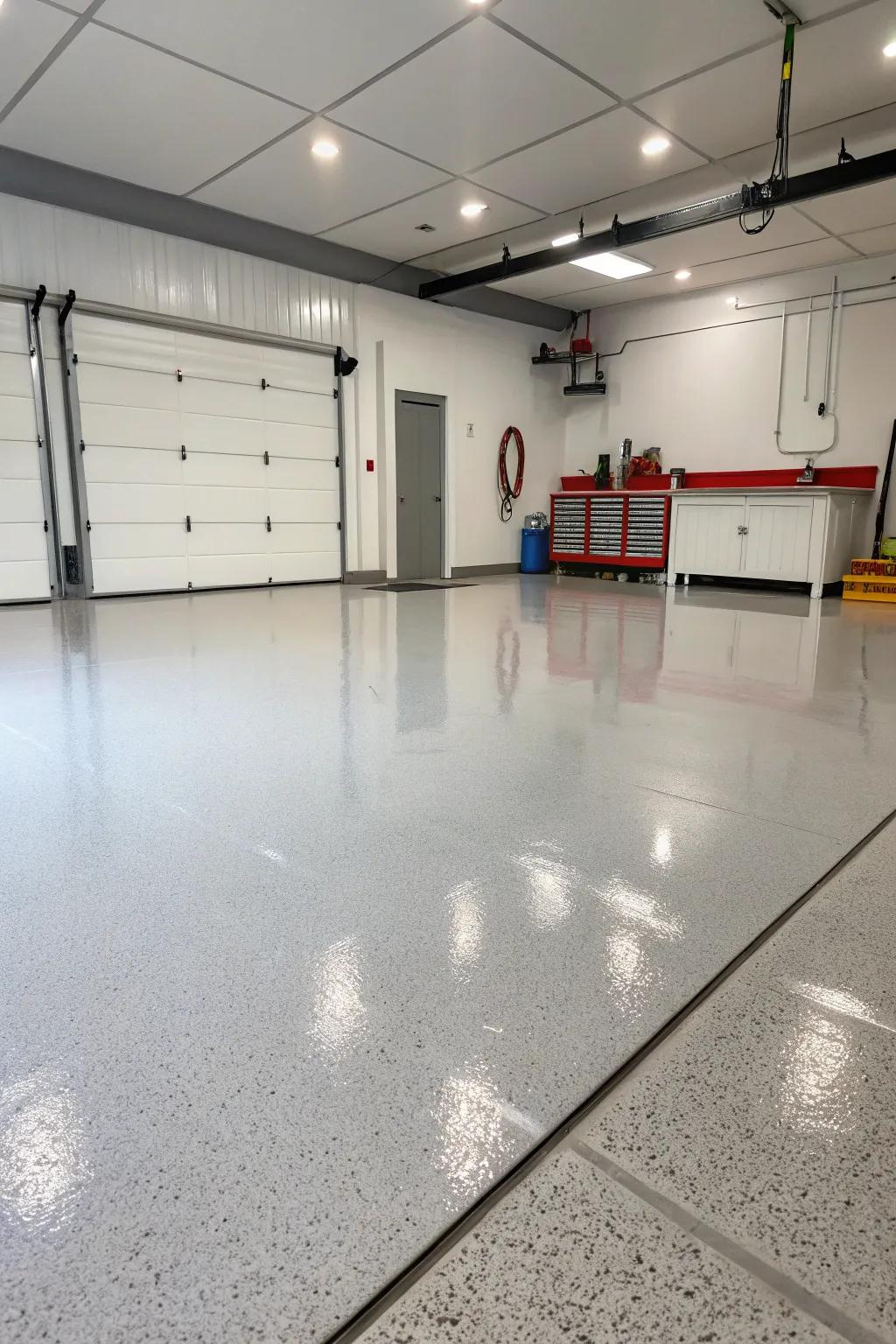 Sleek flooring improves the garage's visual appeal.