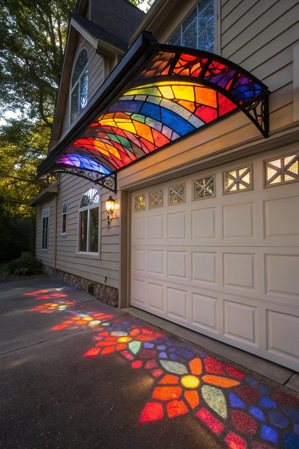 Artistic stained glass overhead cover with dynamic light effects.