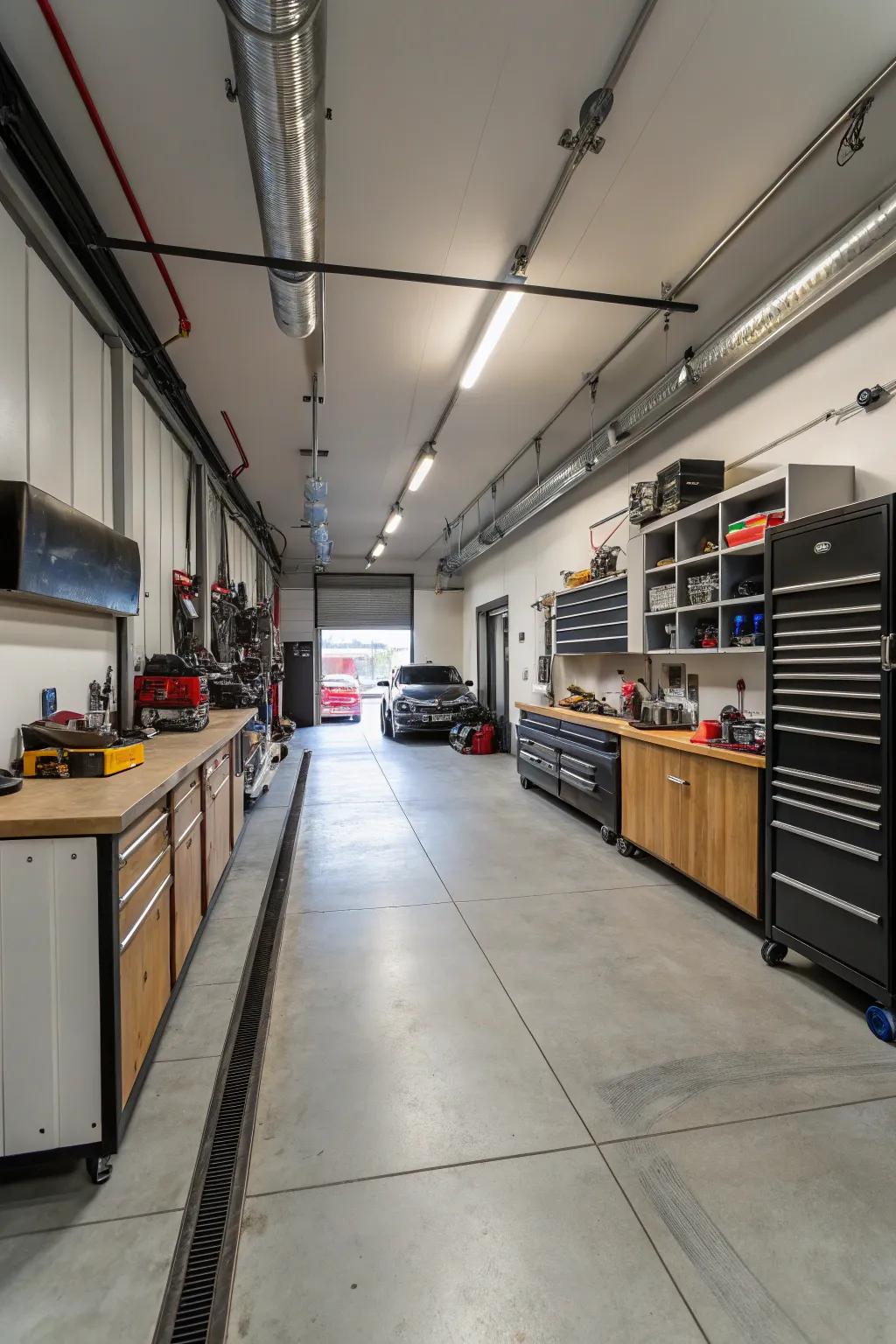 A garage addition featuring plenty of room for a customized workshop.