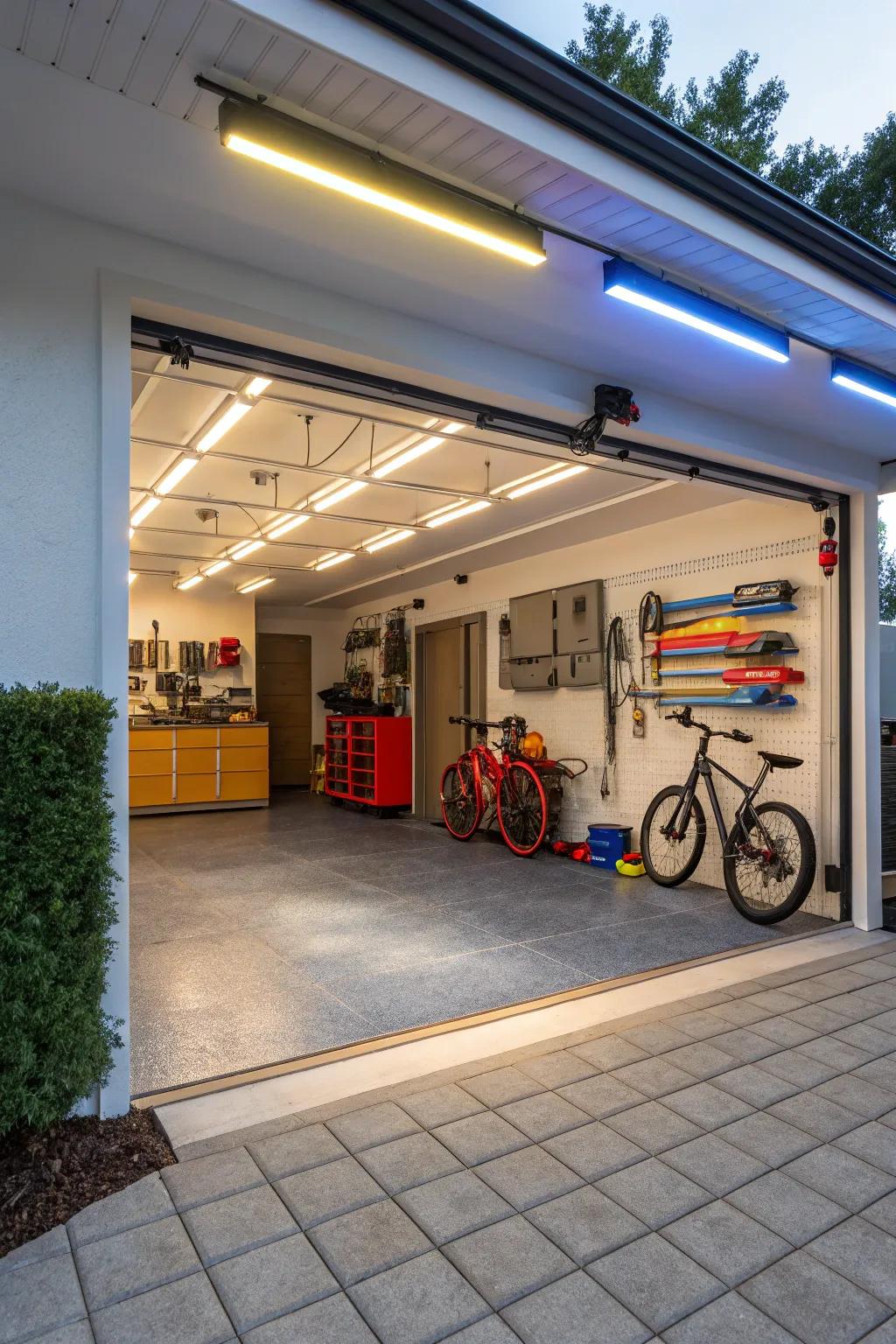 Bright lighting changes the garage into an attractive space.