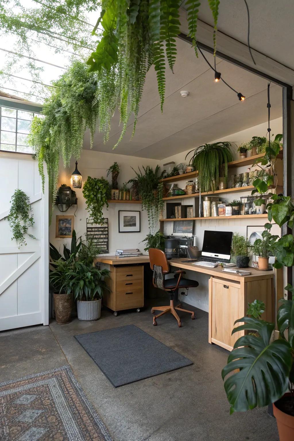 Greenery introduces freshness and peace to your garage office.