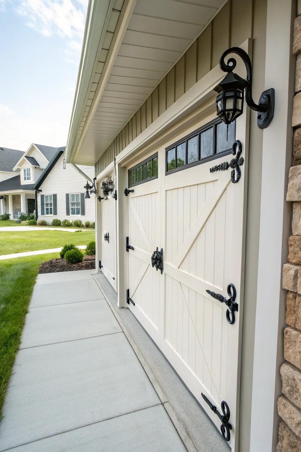 Ornamental fixtures add charm to the garage trim.