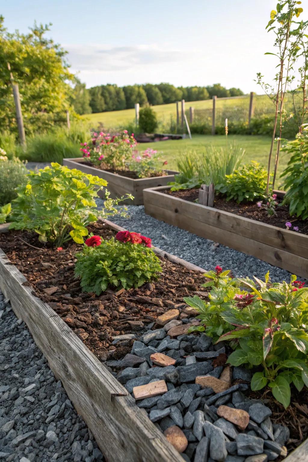 Bolster moisture preservation in your garden with a blend of mulch and stone fragments.