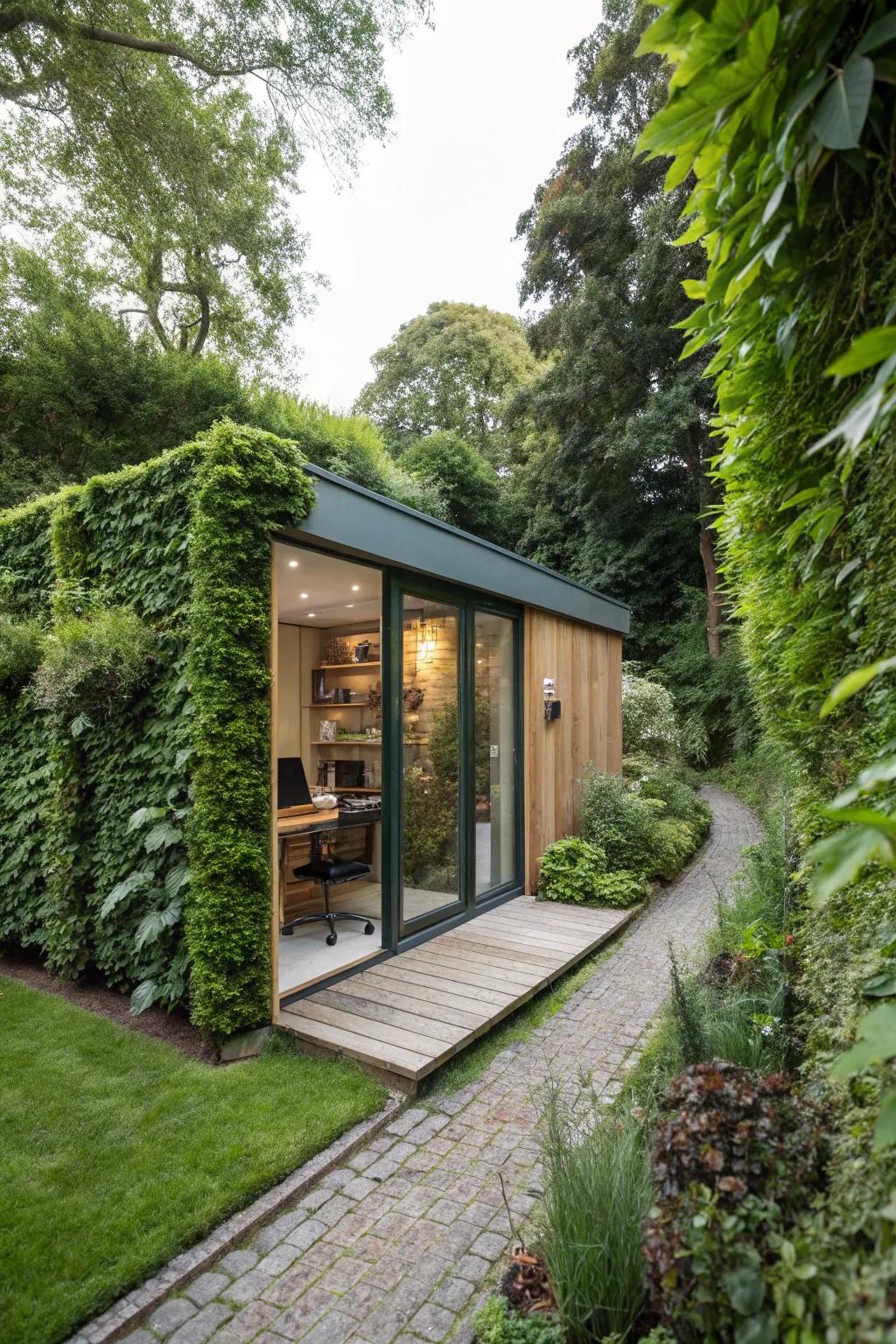 A garden office surrounded by lush living screens, providing a secluded workspace.