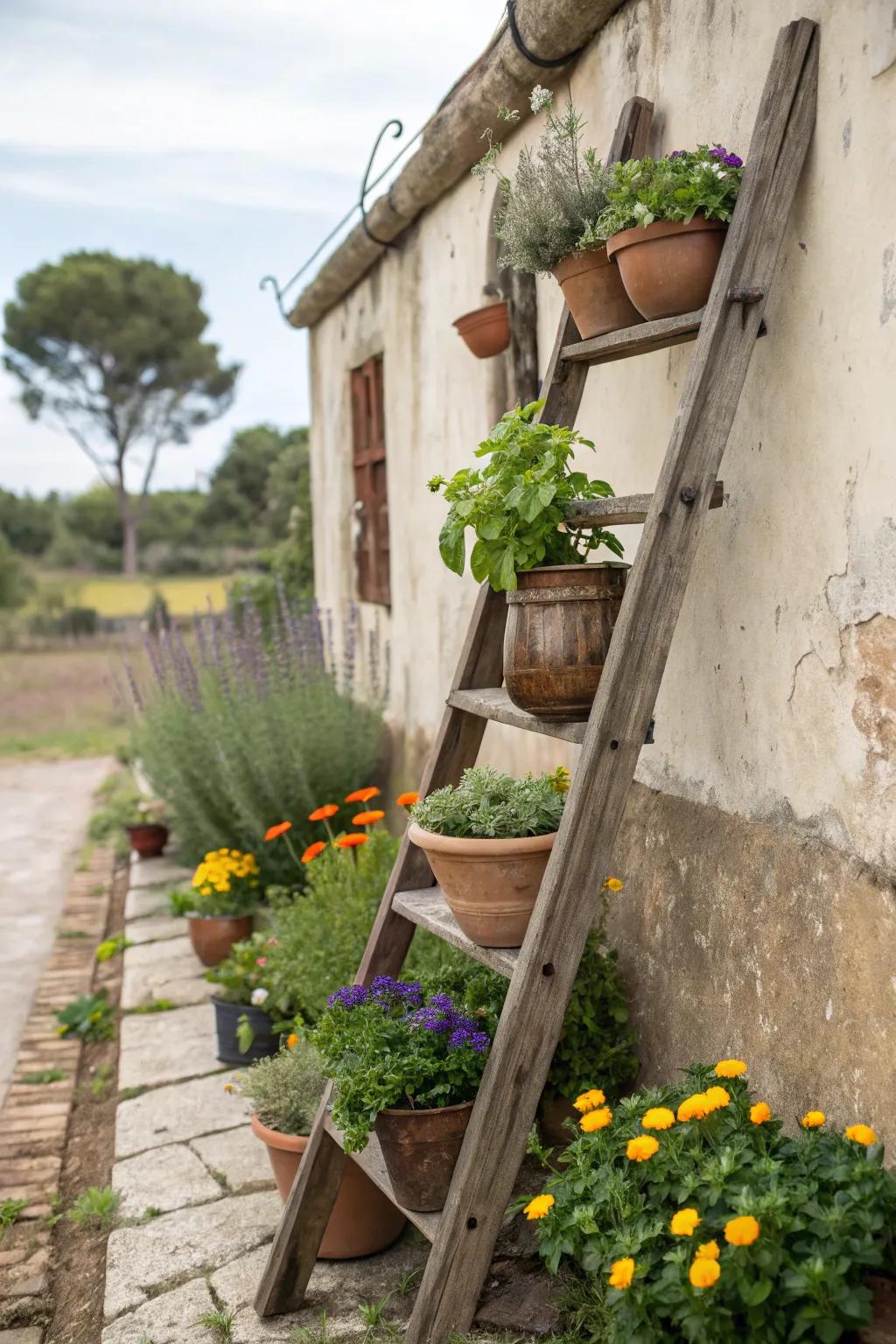 A tiered ladder garden filled with container plants.