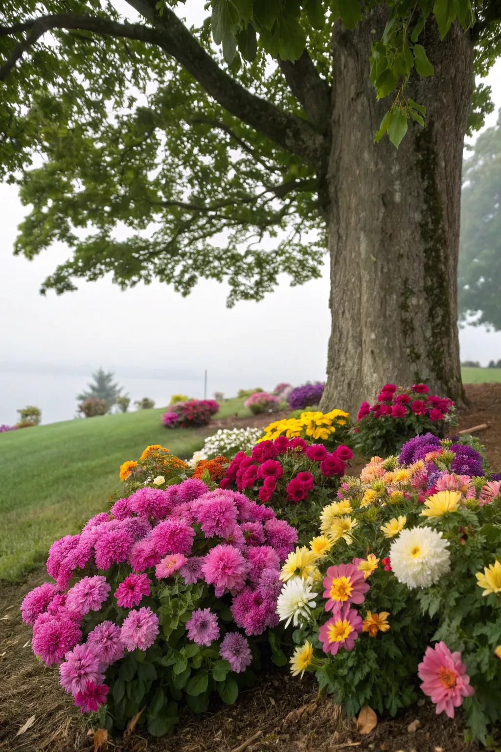 Vibrant flowers flourishing around the base of a tree.