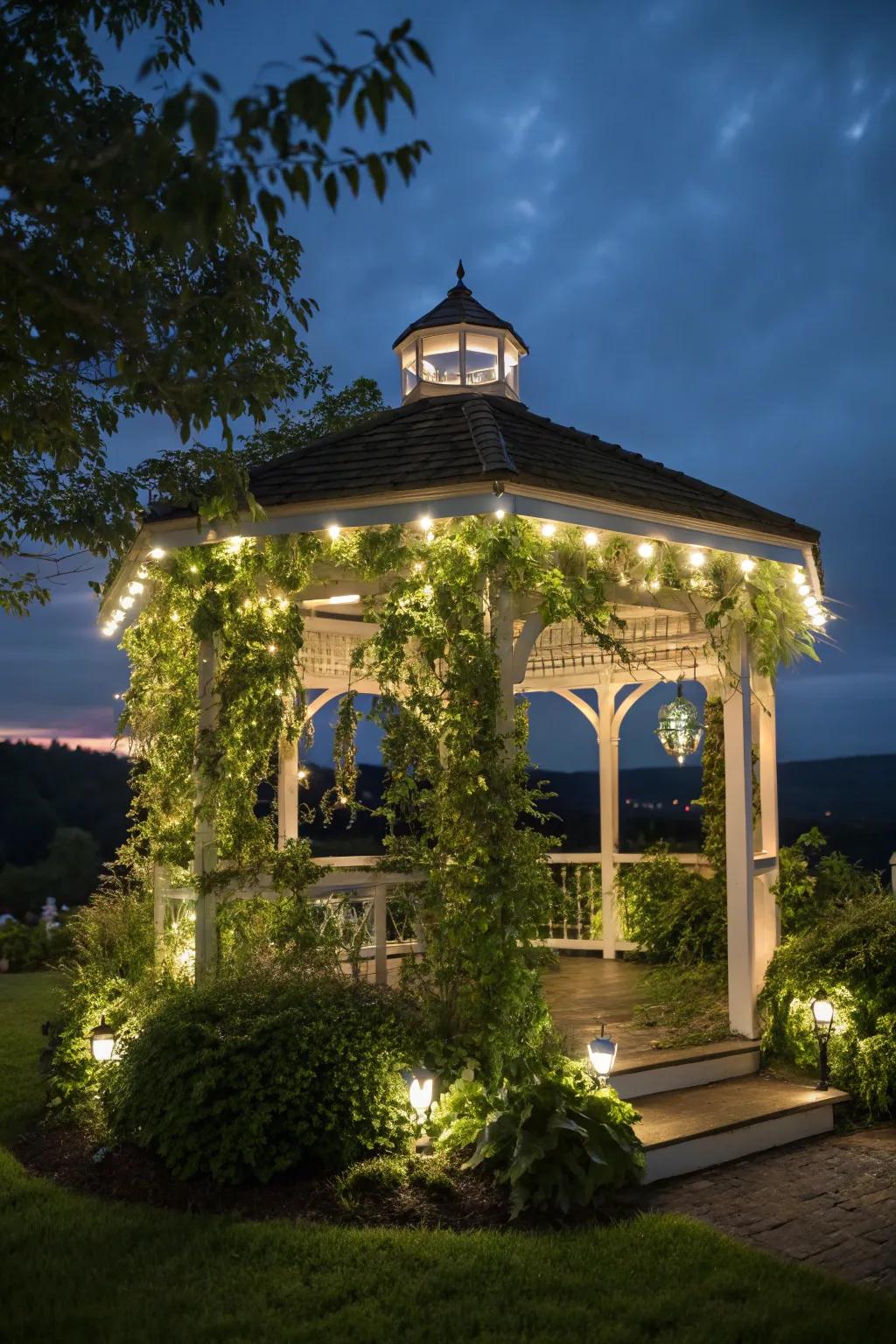 Ascending lights merging the gazebo with its natural settings.