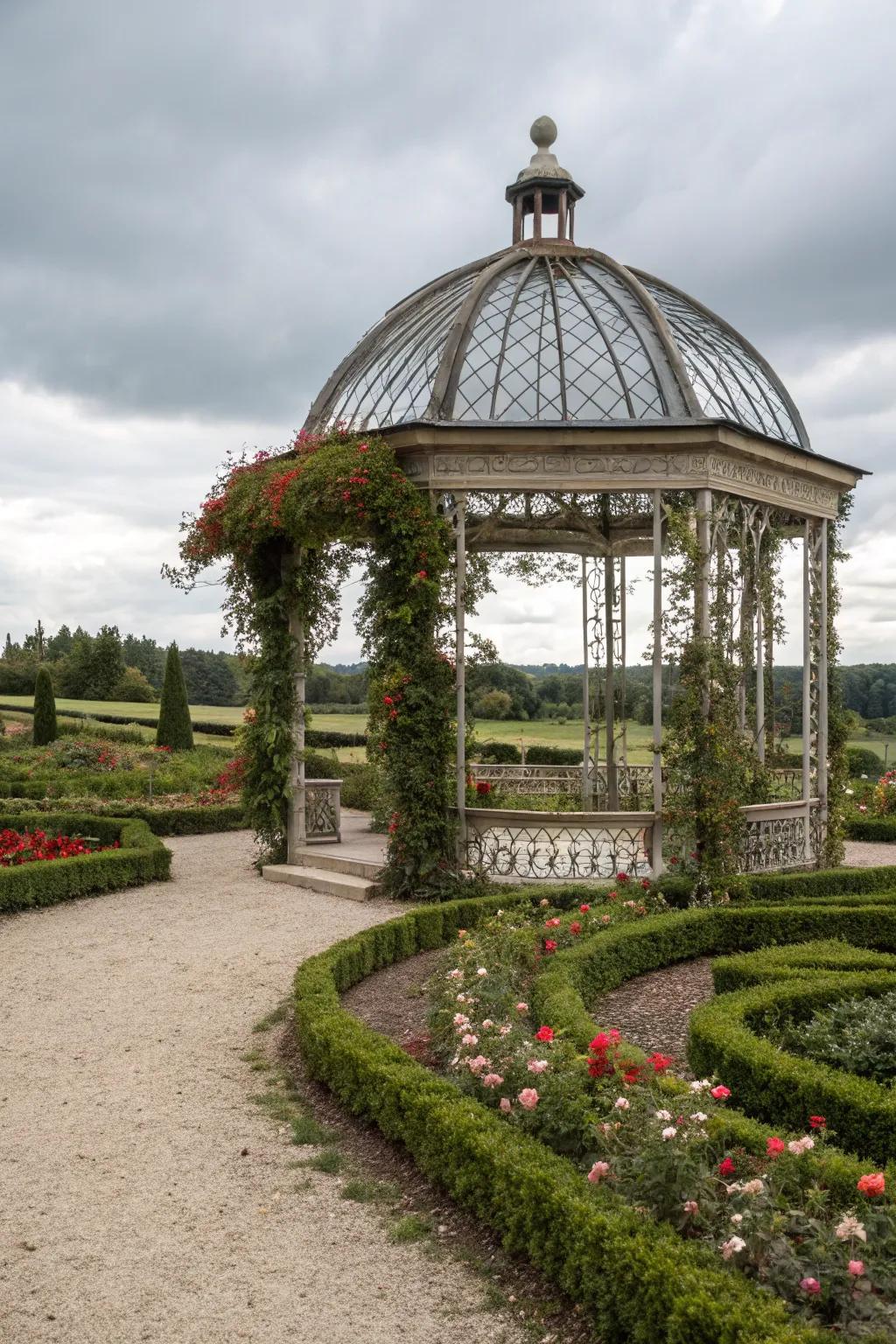 A gazebo featuring an elegant vaulted roof, enhancing the garden's sophistication.