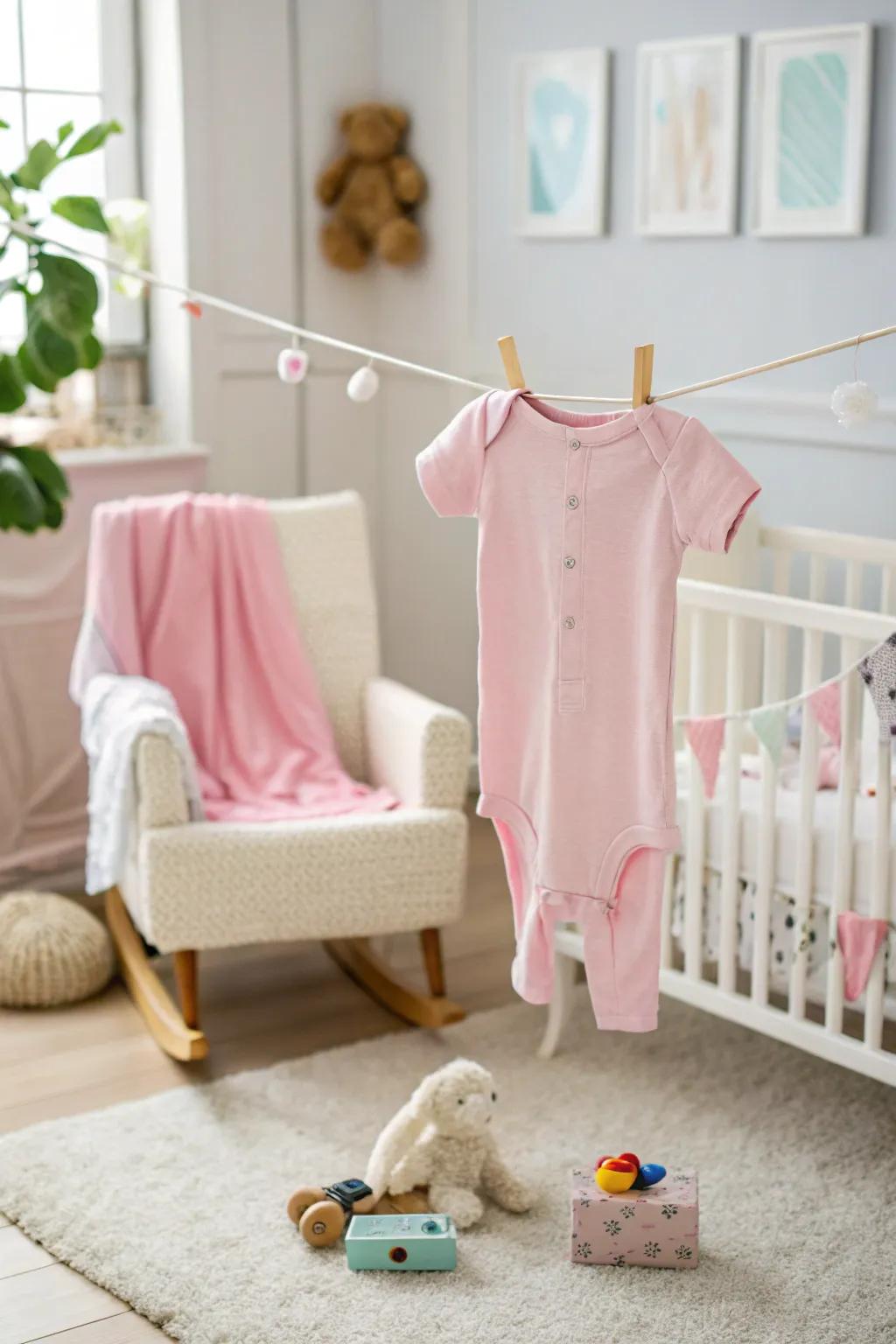 A cute onesie display within an exquisitely adorned nursery.