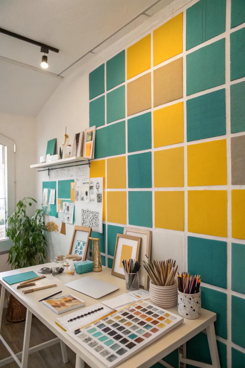 A studio featuring a vibrant geometric wall of mixed rectangles.