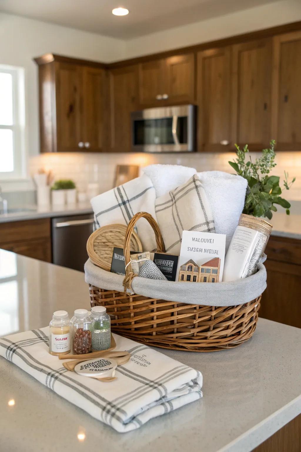 A housewarming gift basket brimming with practical items.