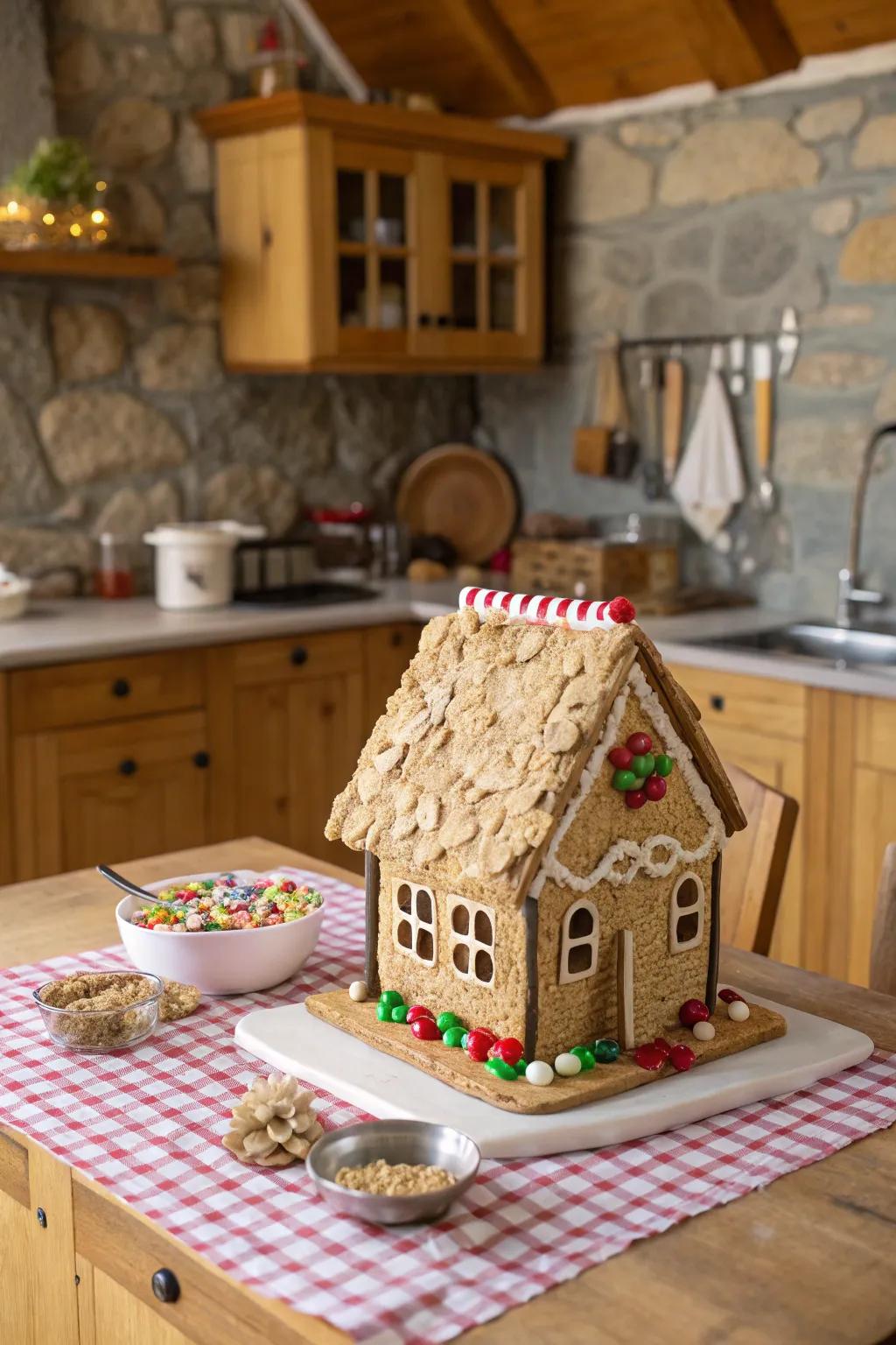 A grain thatched rooftop atop a gingerbread dwelling.