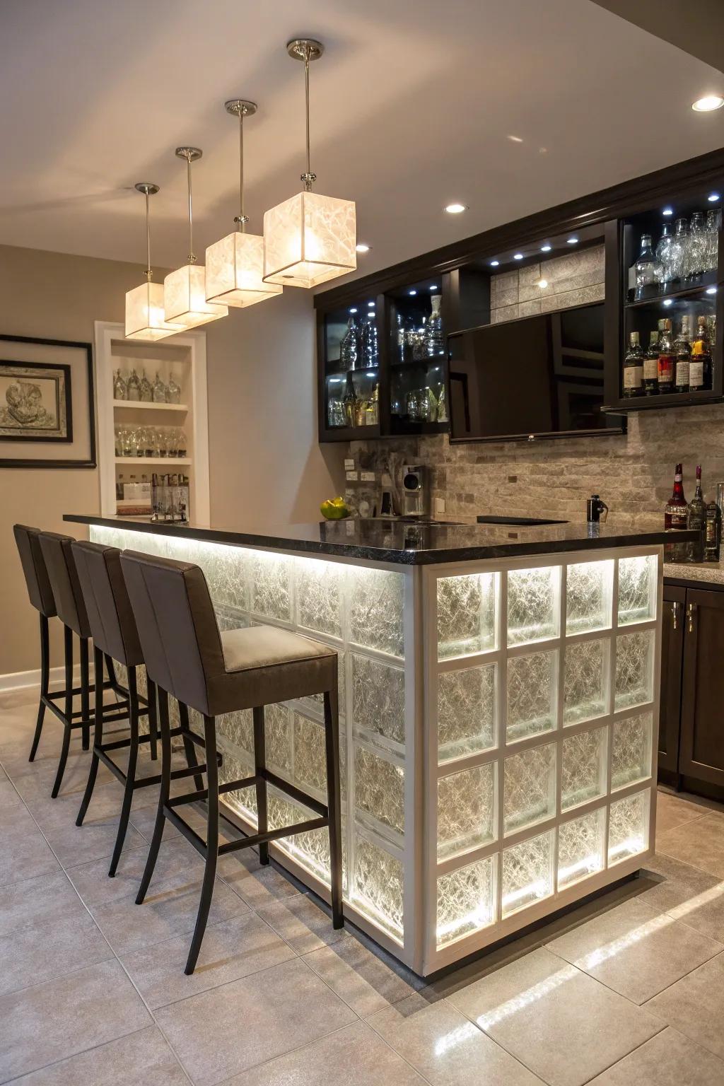 A sophisticated home bar with a glass brick design.