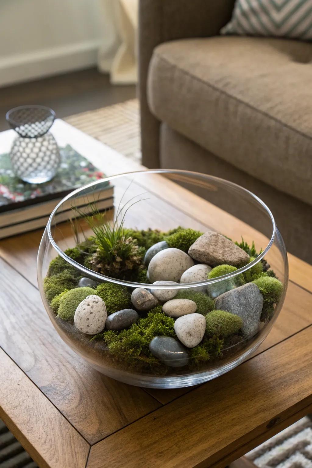 Shingle and moss contained within a glass bowl fashion a natural, grounded centerpiece.