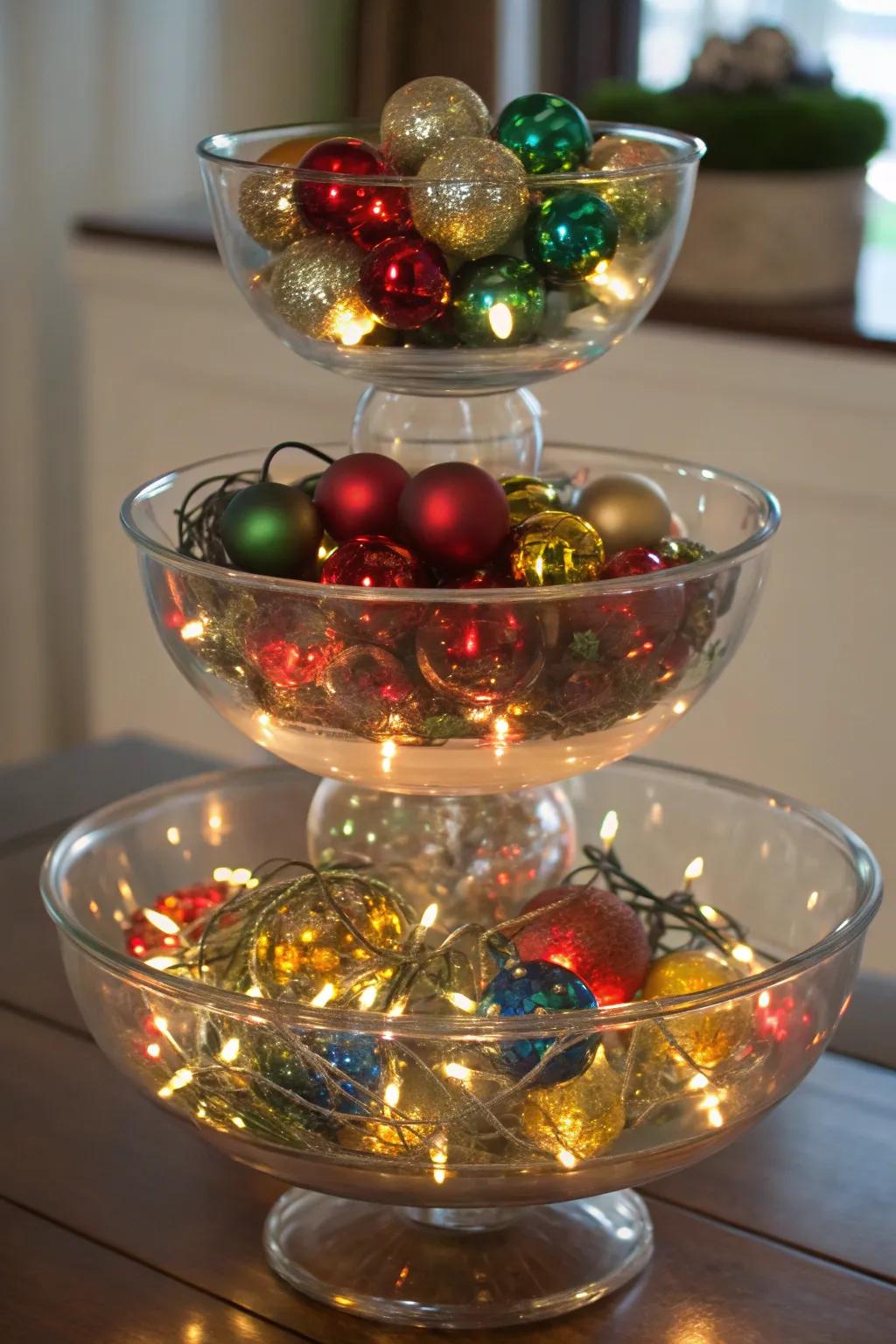 An arresting staggered panorama of clear vessels encompassing Yuletide ornamentation.