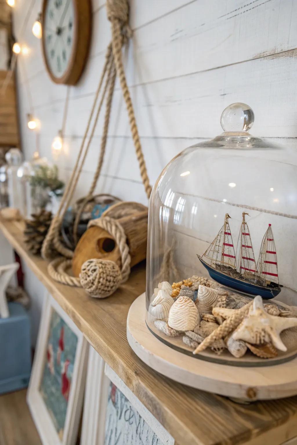 Seashells and driftwood bring a coastal feel under a glass dome.