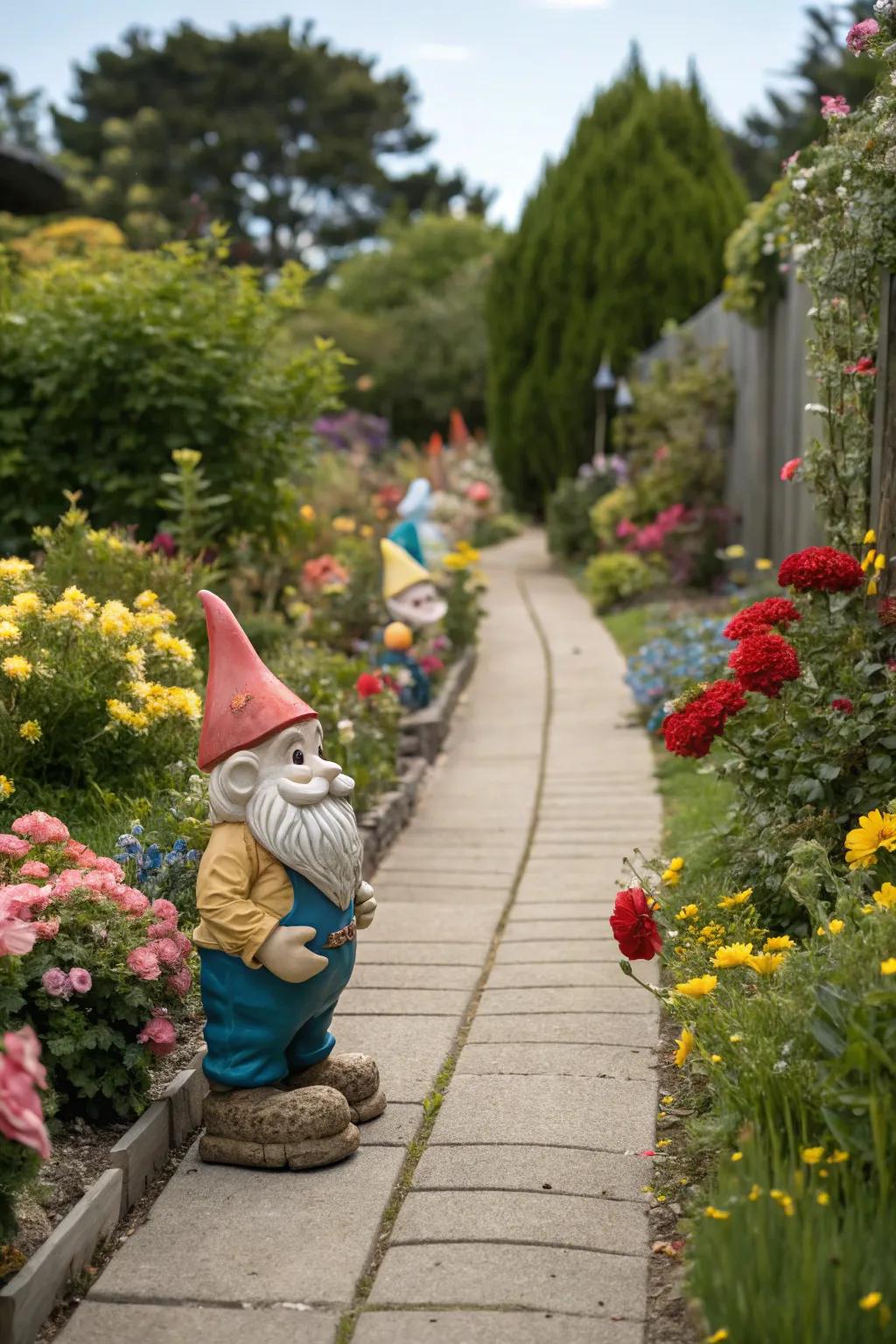 A delightful gnome procession guiding you across a garden route.