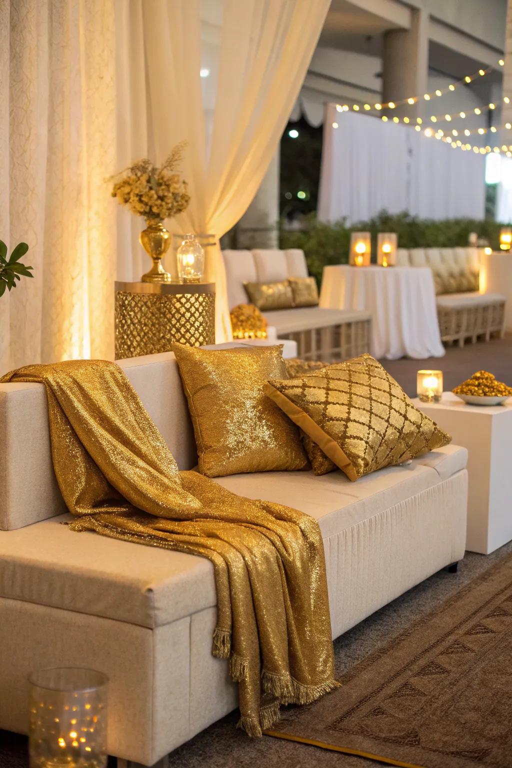 A stylish seating area decorated in gold for enhanced luxury.