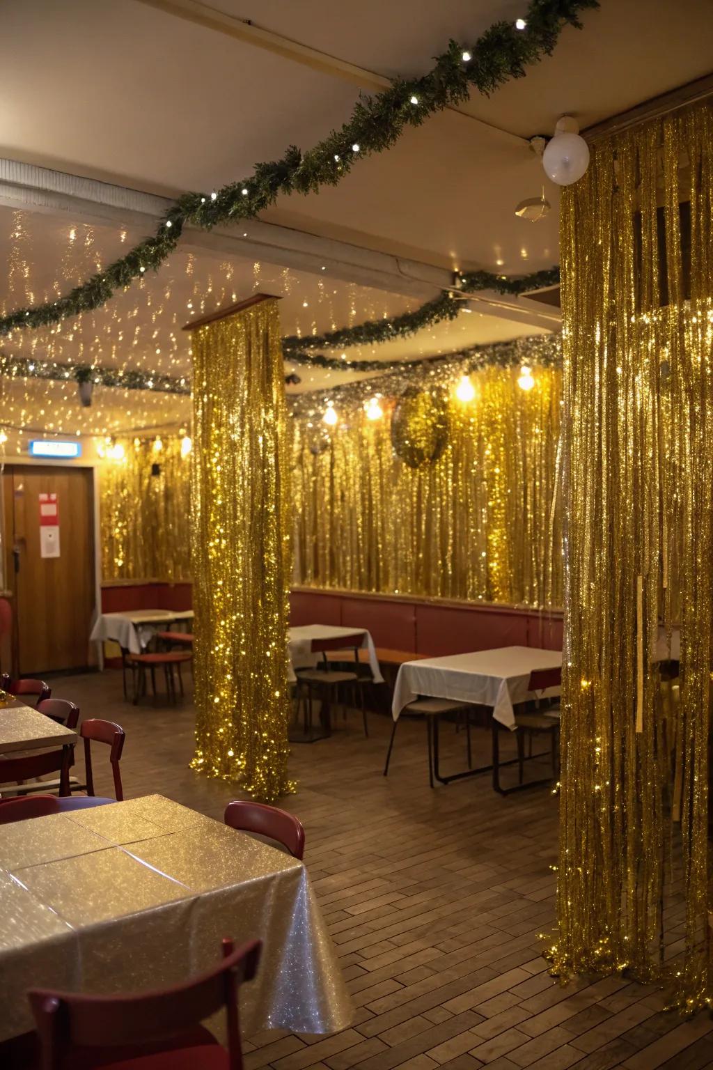 Gold strands bring a celebratory energy to any gathering area.