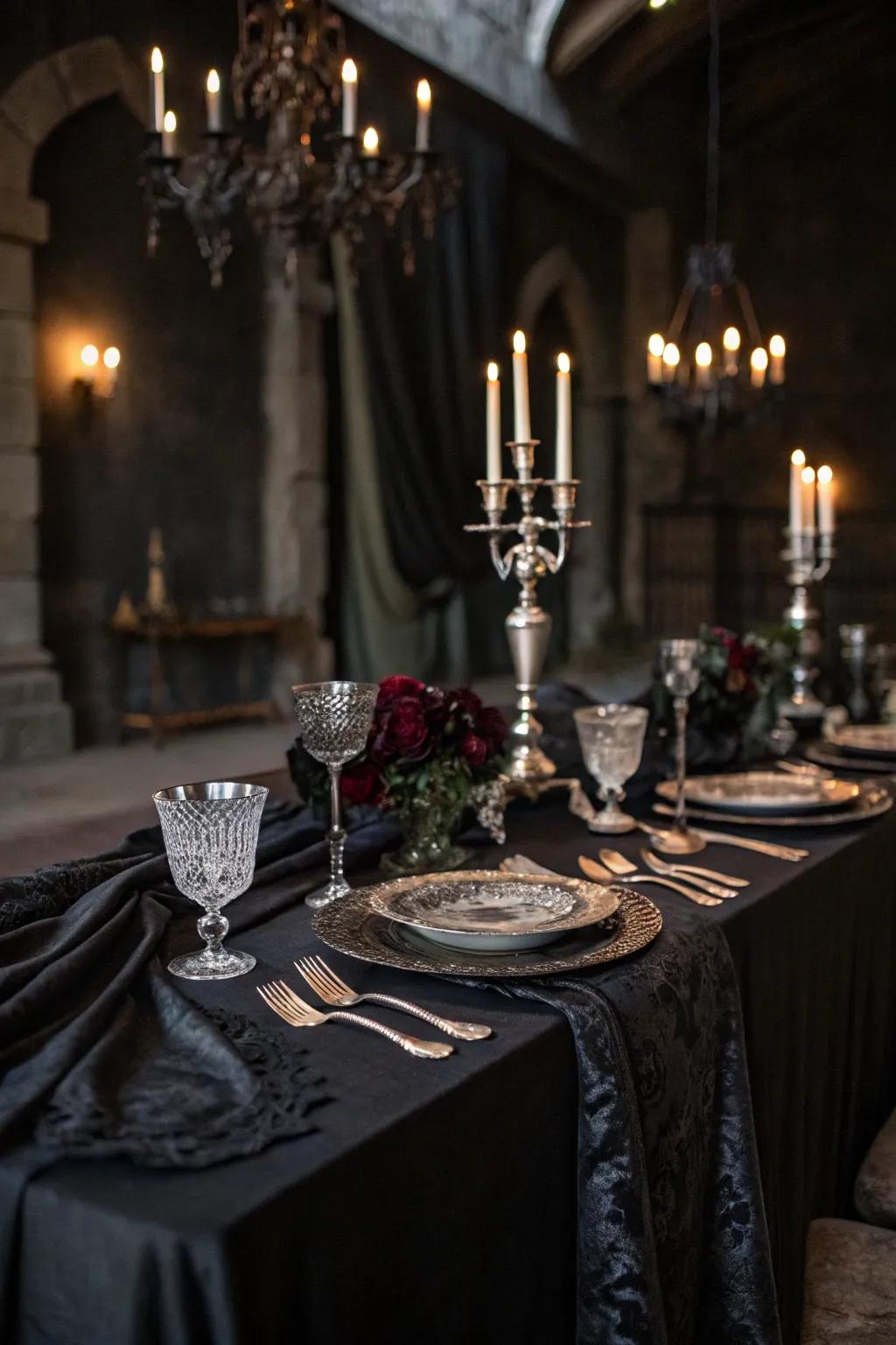A gothic wedding table configuration featuring antiquated flatware and shadowy textiles.