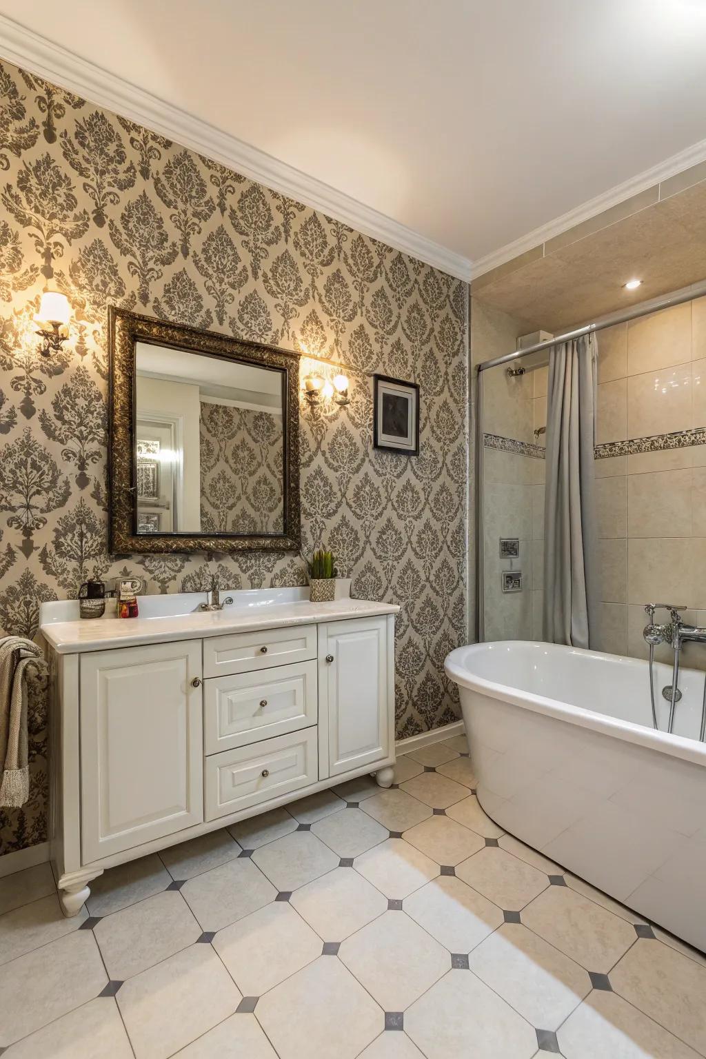 Fine patterns introduce a decorative flair to the gothic bathroom.
