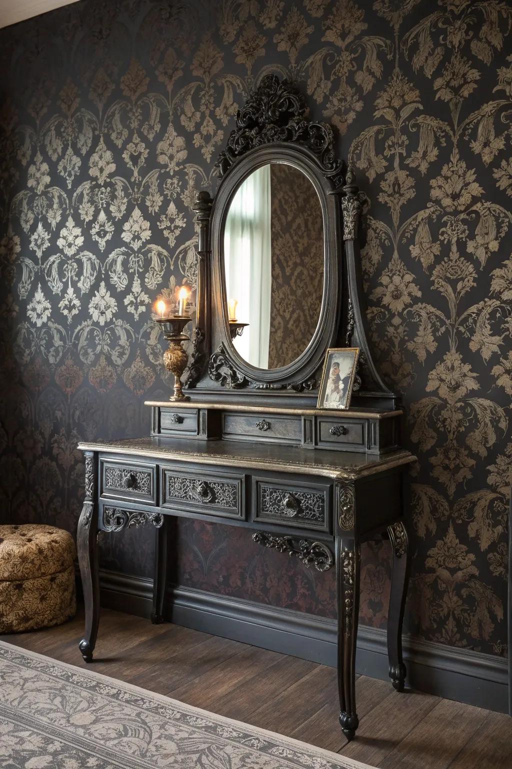 Structured wall covering provides a rich backdrop for your shadowed dressing table.