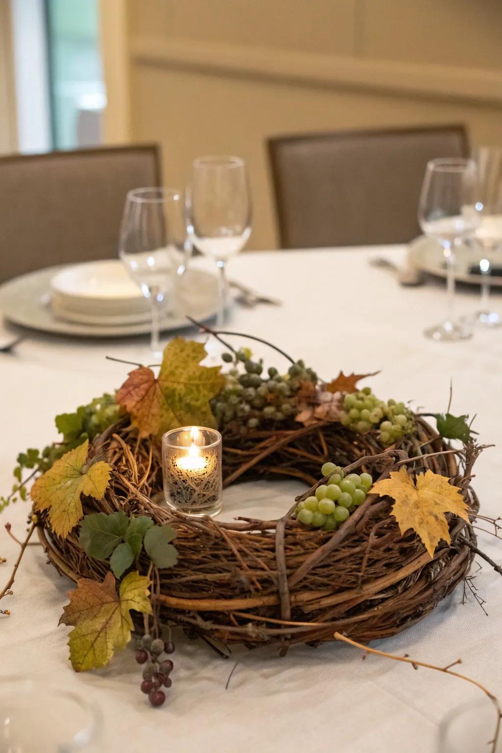 An eco-conscious table focus with grapevines and dehydrated foliage.
