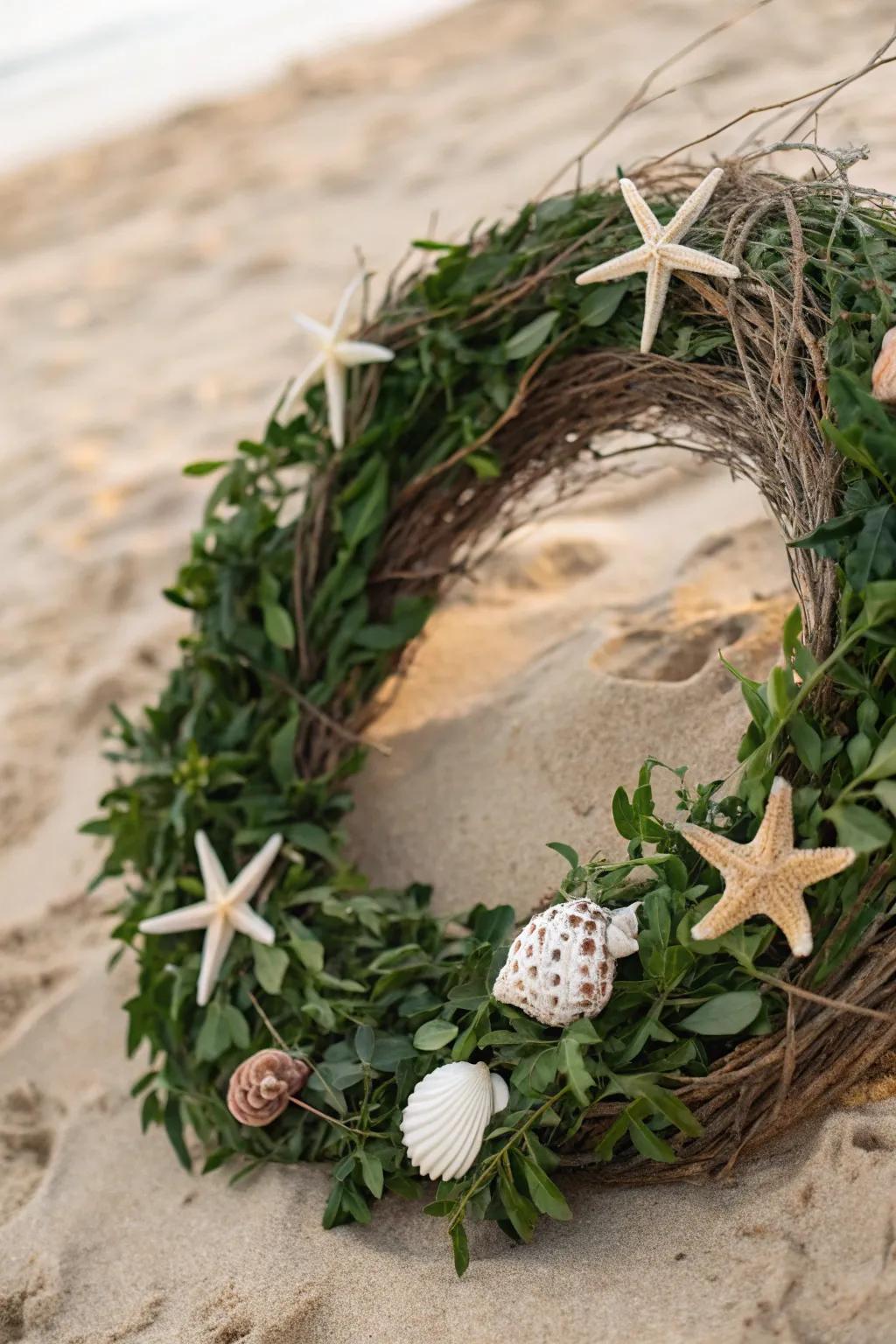 A coastal-themed grapevine wreath featuring seashells.