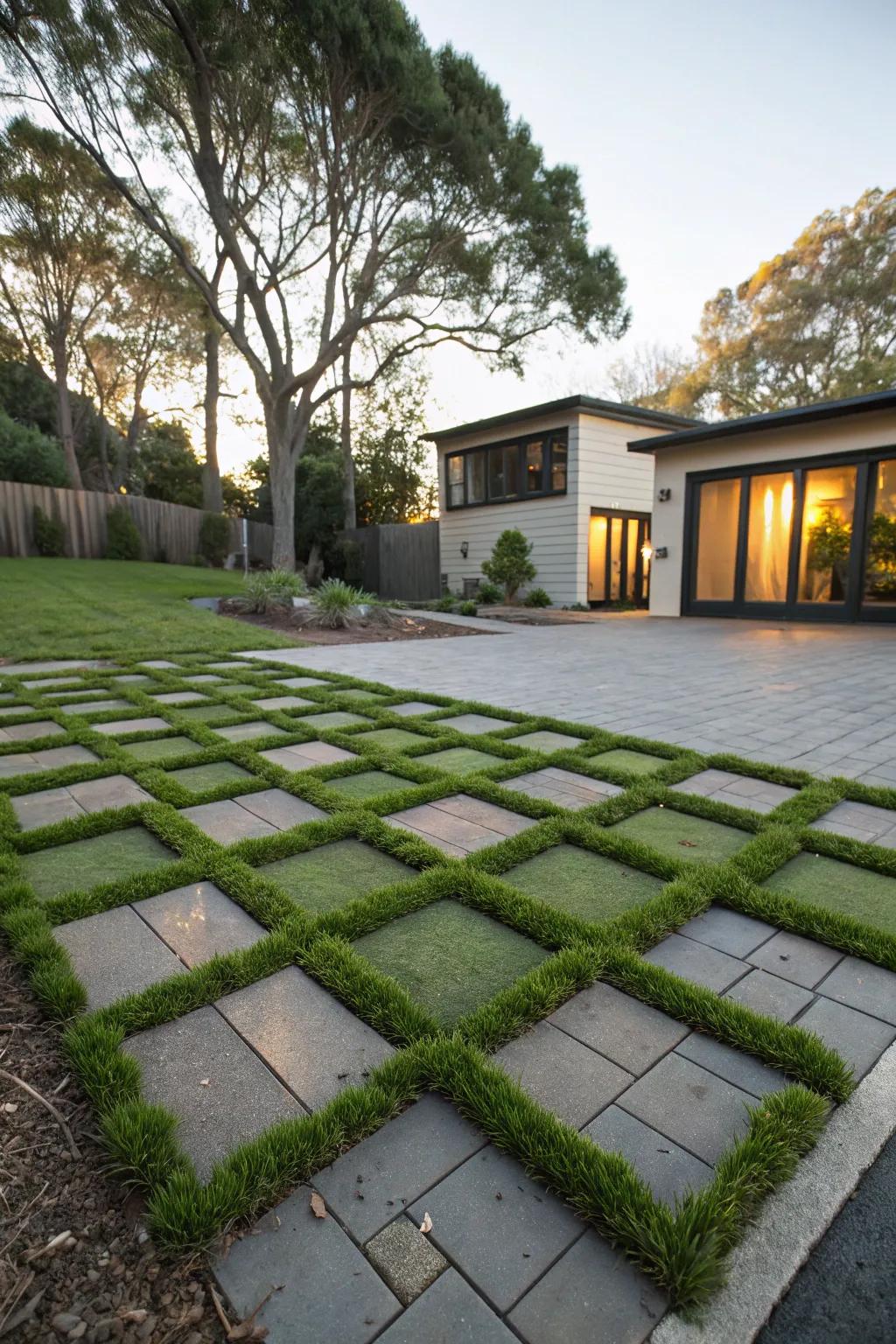 Imaginative patterns utilizing turf blocks for a remarkable driveway.