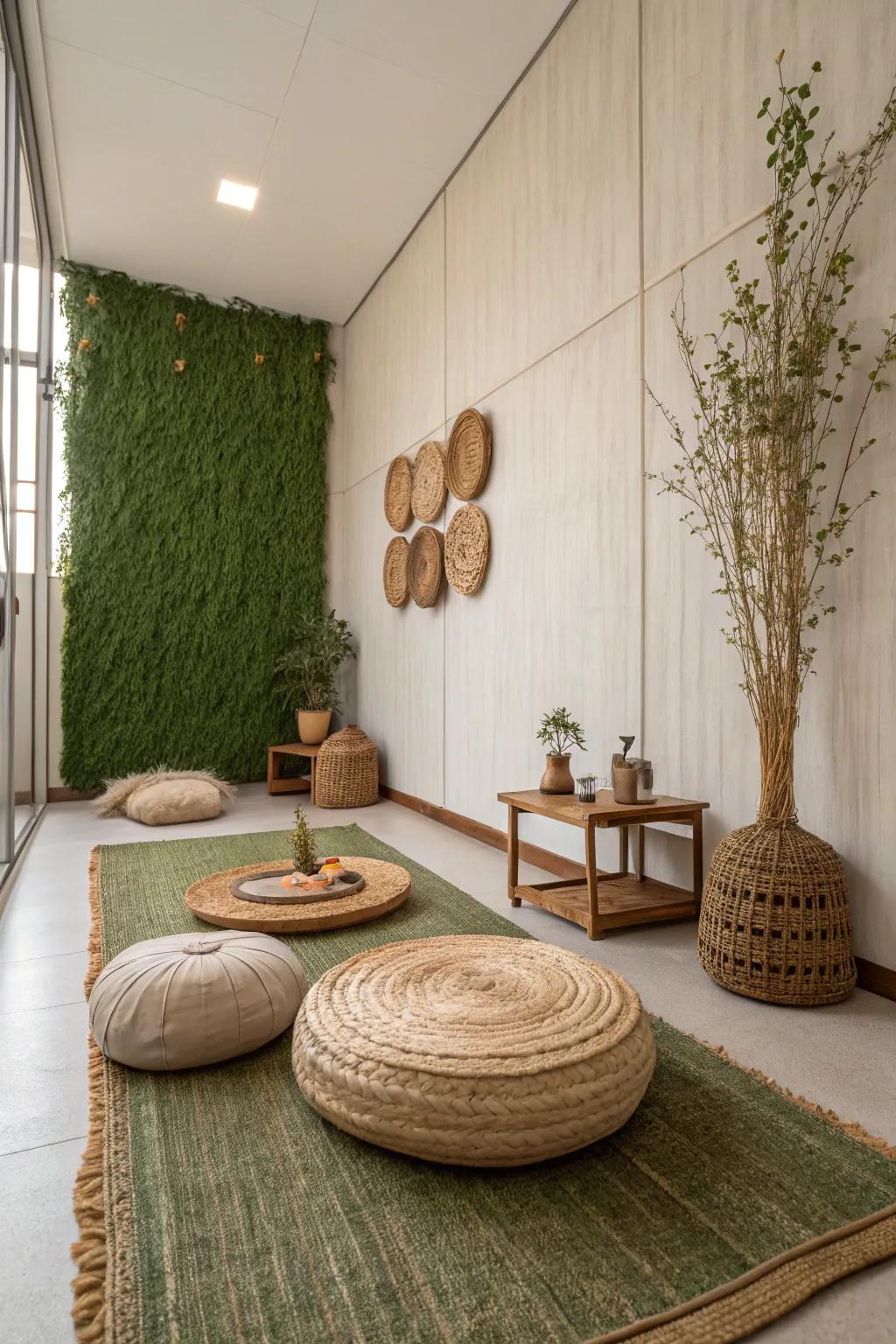 A minimalist chamber showcases a grass wall, establishing a serene and tranquil atmosphere.