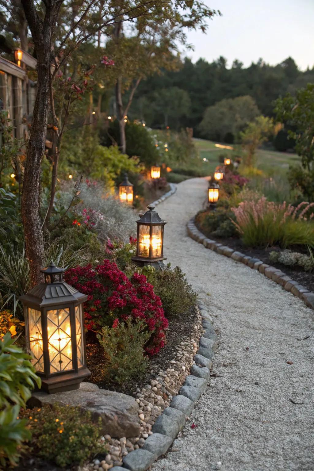 A crushed stone path illuminated with ornamental lanterns