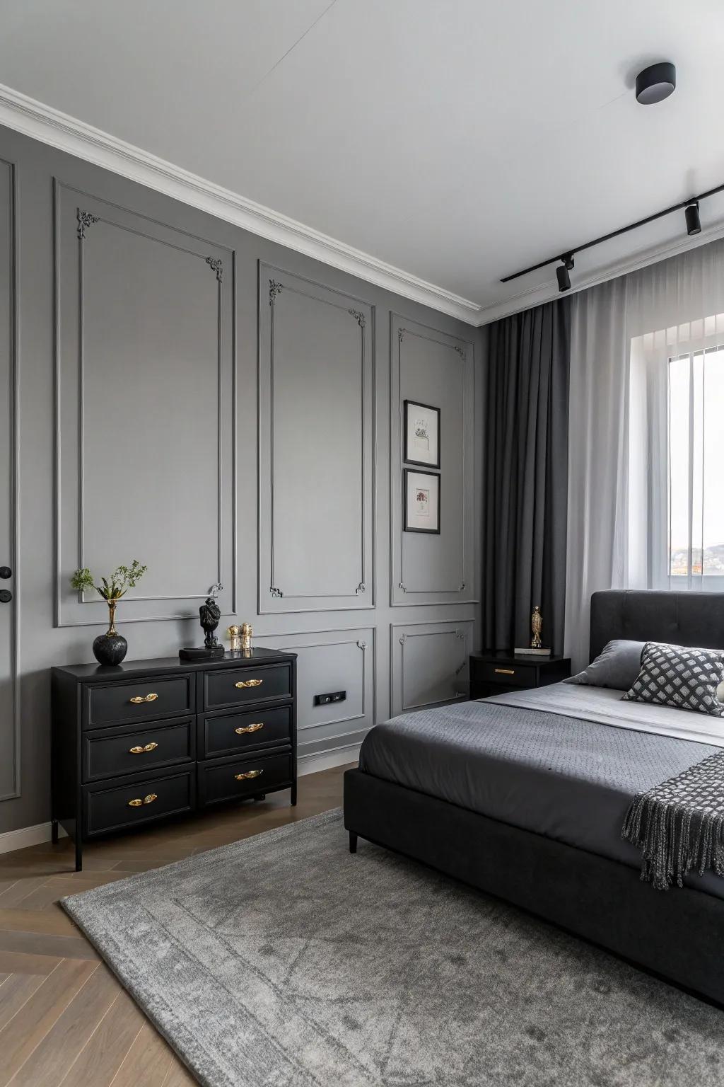 A sleek gray bedroom featuring bold dark touches.