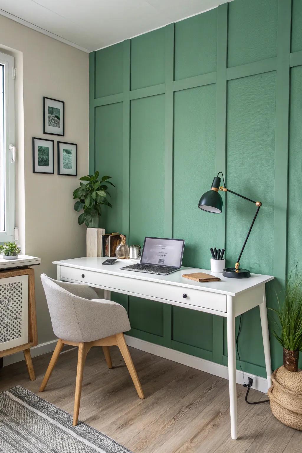 A green accent wall promotes focus and creativity in the home office.