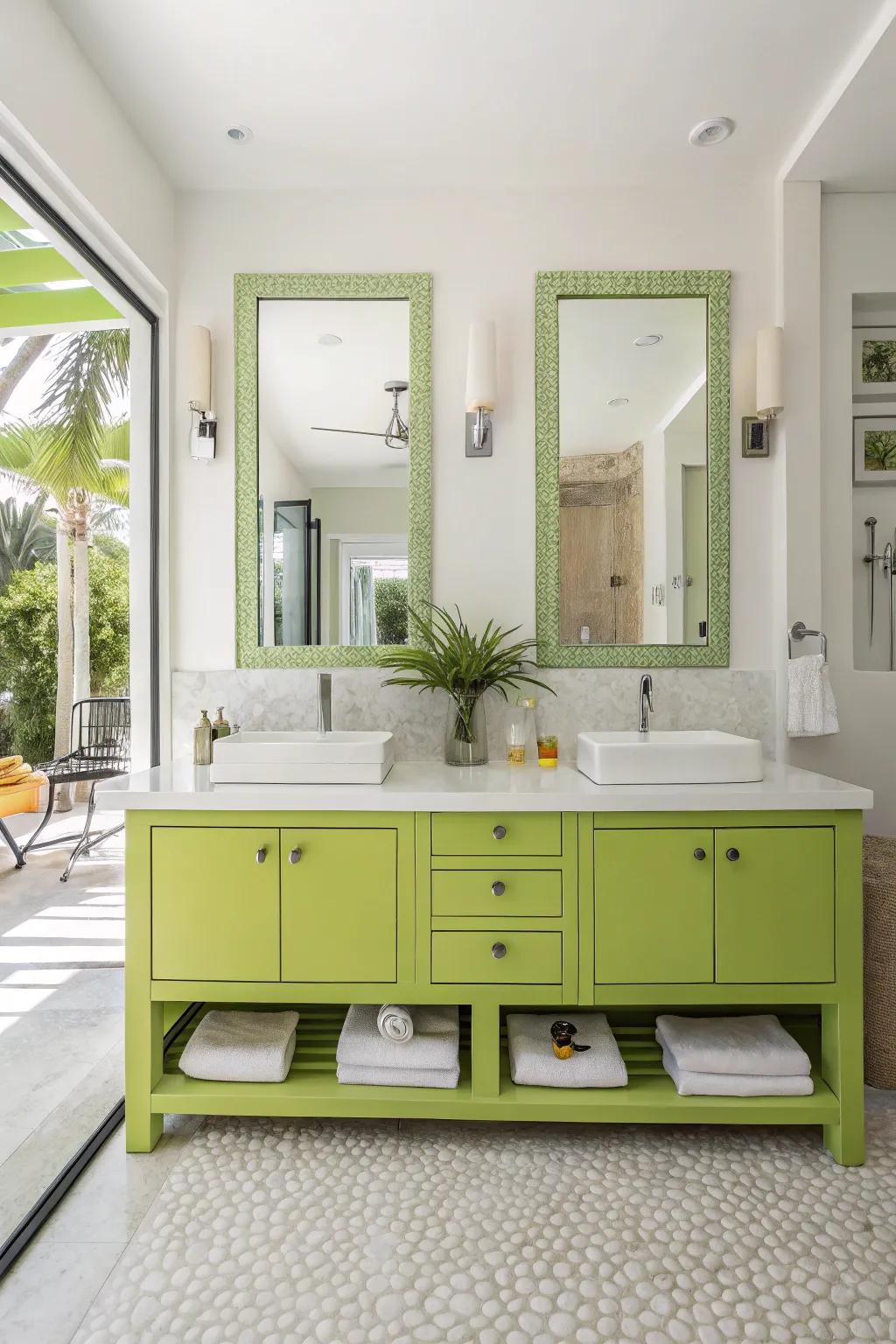 Citrus console adding a lively touch to a contemporary bathroom.